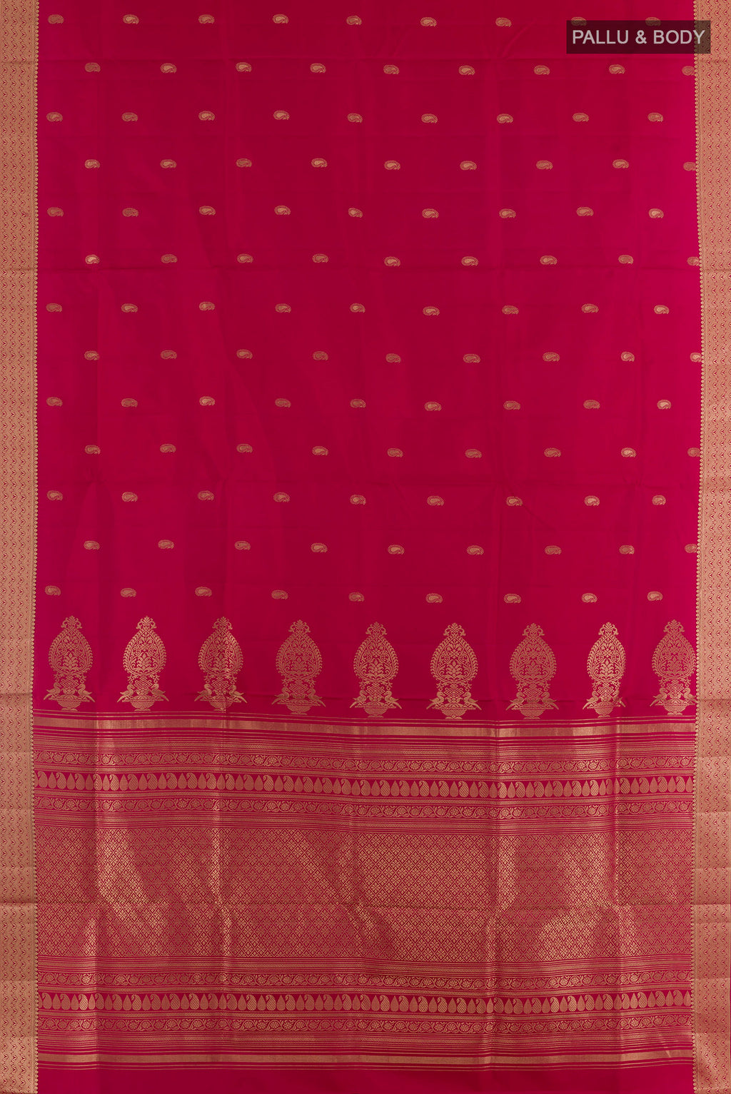 Flat view of Pure Silk Red Soft Saree with Zari Butta on the body and Zari Border. 