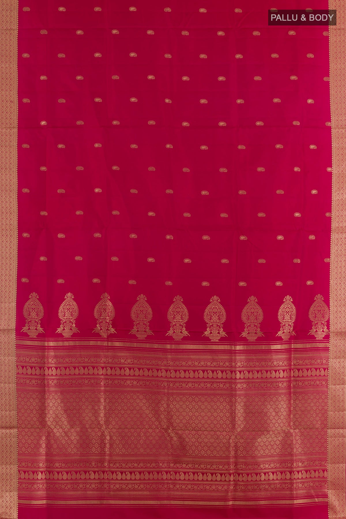 Flat view of Pure Silk Red Soft Saree with Zari Butta on the body and Zari Border. 