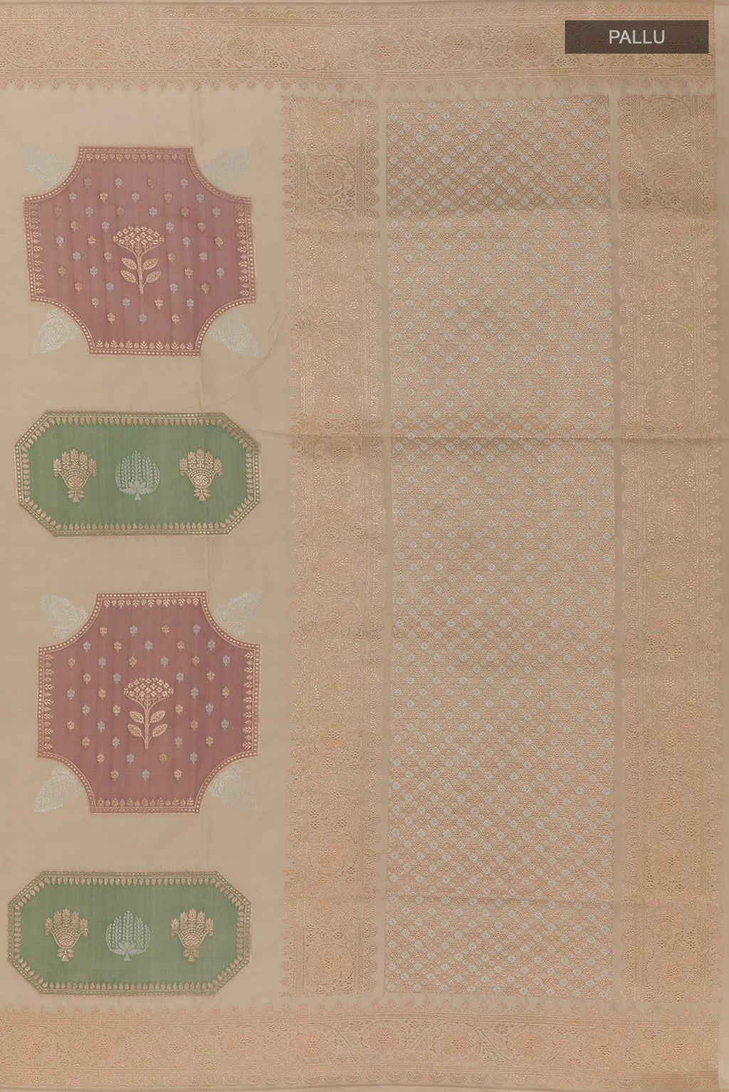 Close up image of the pallu of Pure Silk Multi Color Banarasi Saree with Zari Brocade on the body and Zari Border. 