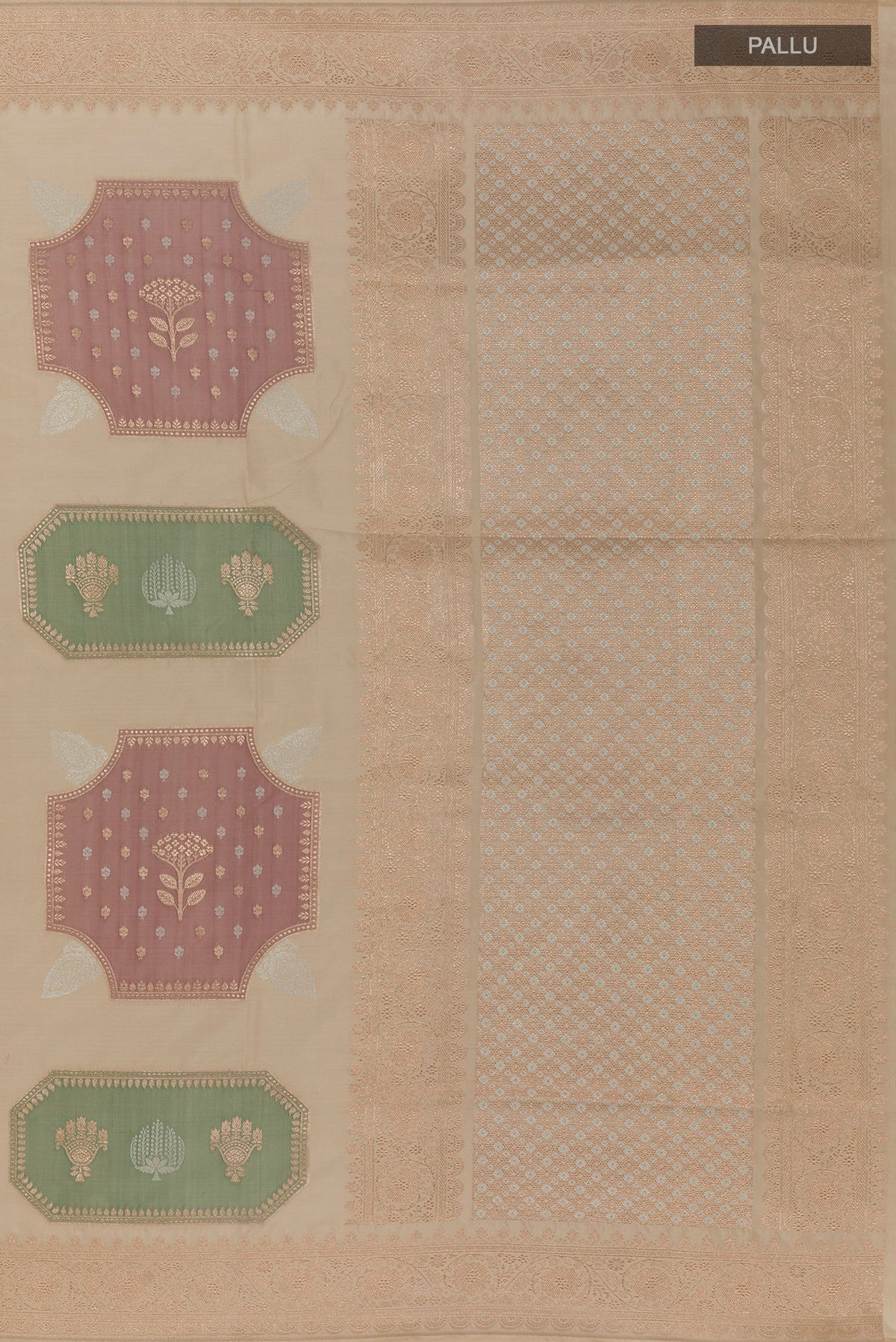 Close up image of the pallu of Pure Silk Multi Color Banarasi Saree with Zari Brocade on the body and Zari Border. 