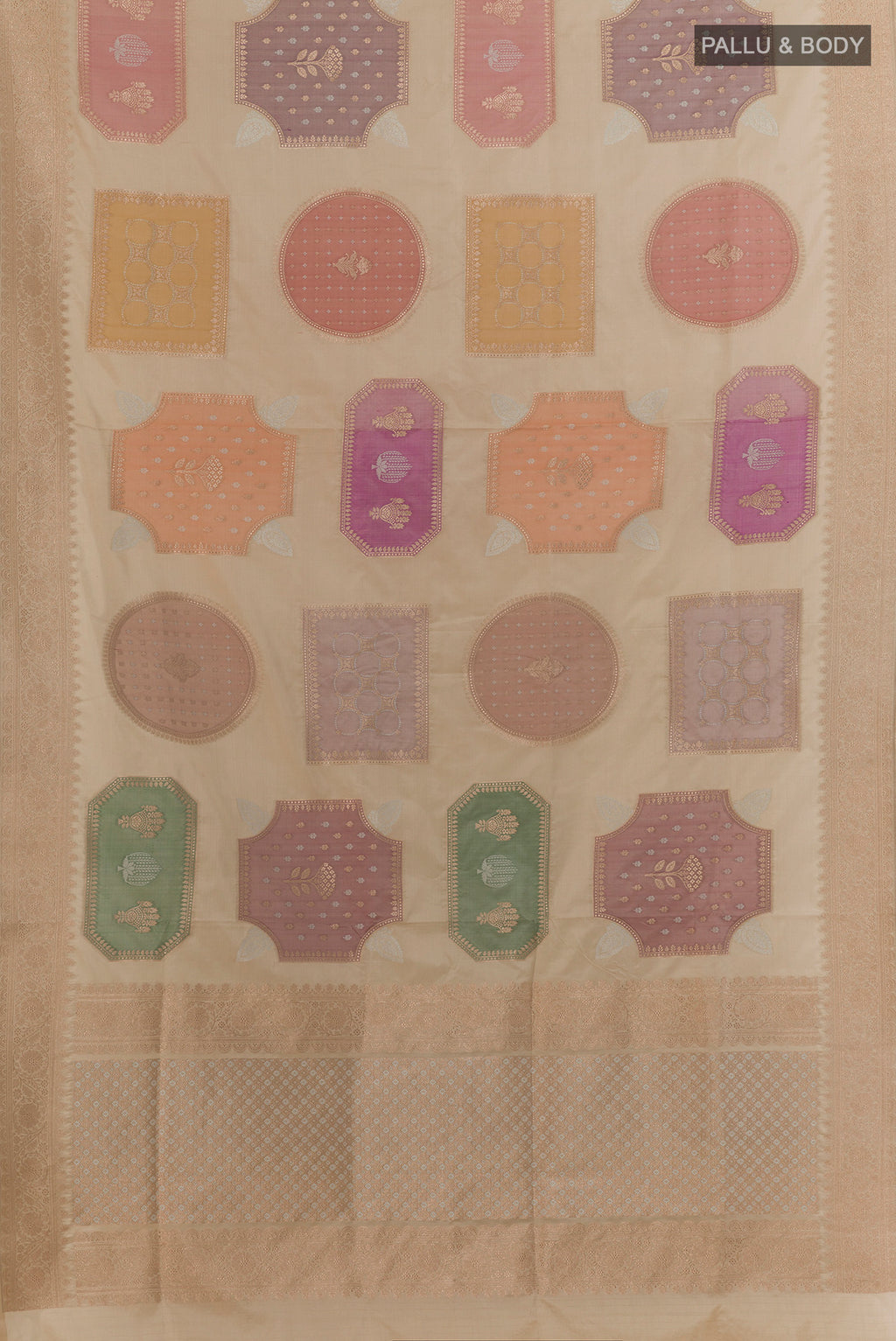 Flat view of Pure Silk Multi Color Banarasi Saree with Zari Brocade on the body and Zari Border. 