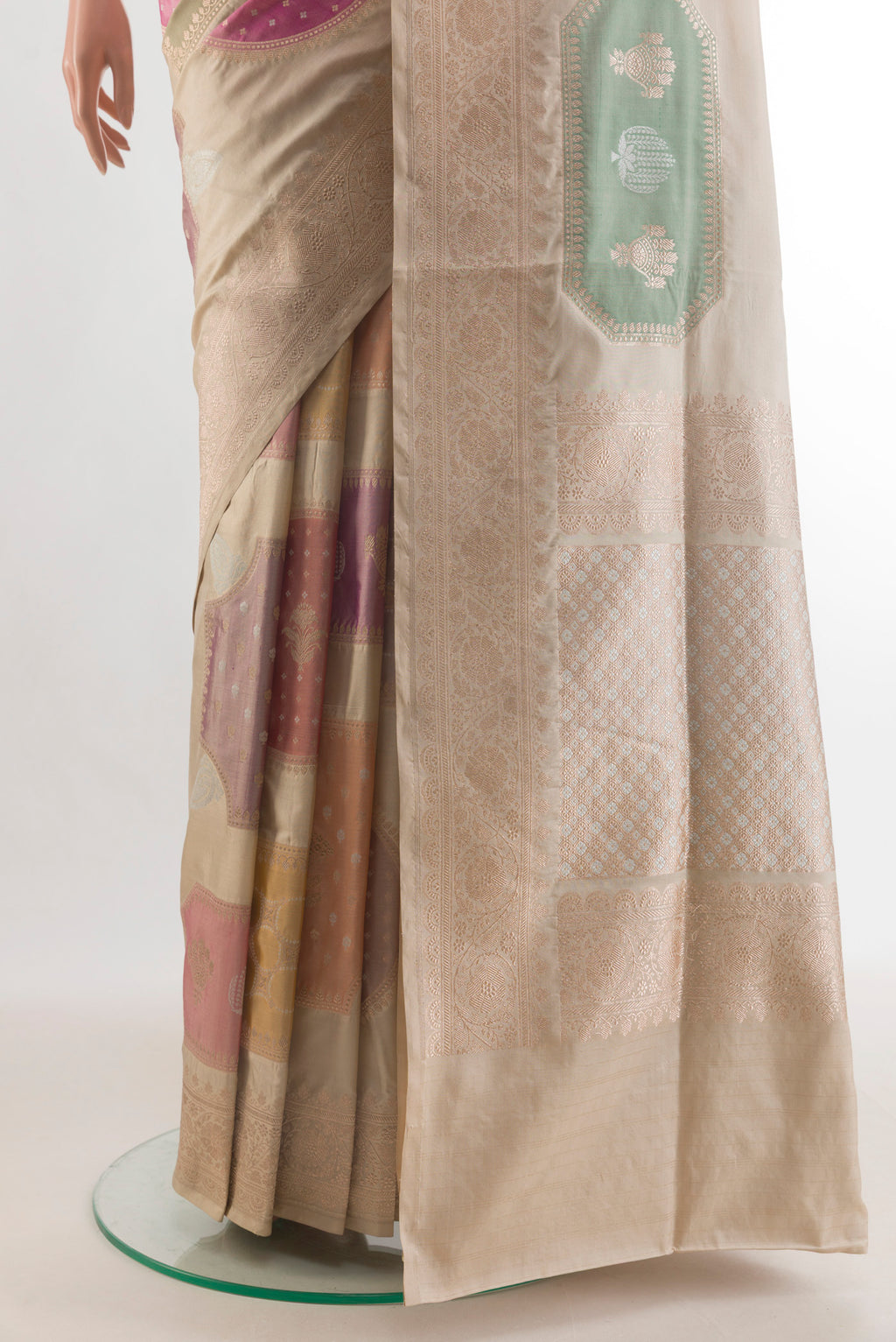 Pleats and pallu of Pure Silk Multi Color Banarasi Saree with Zari Brocade on the body and Zari Border. 