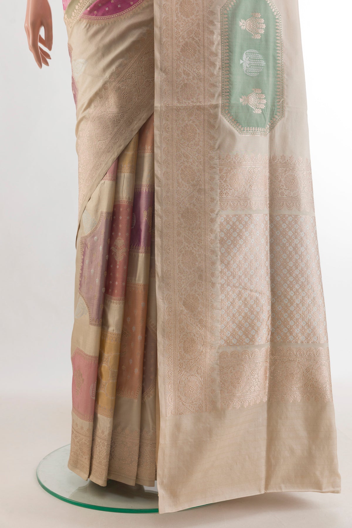 Pleats and pallu of Pure Silk Multi Color Banarasi Saree with Zari Brocade on the body and Zari Border. 