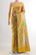 Pure Silk Mustard Banarasi Saree with Fancy on the body and Zari Border.  displayed on a mannequin