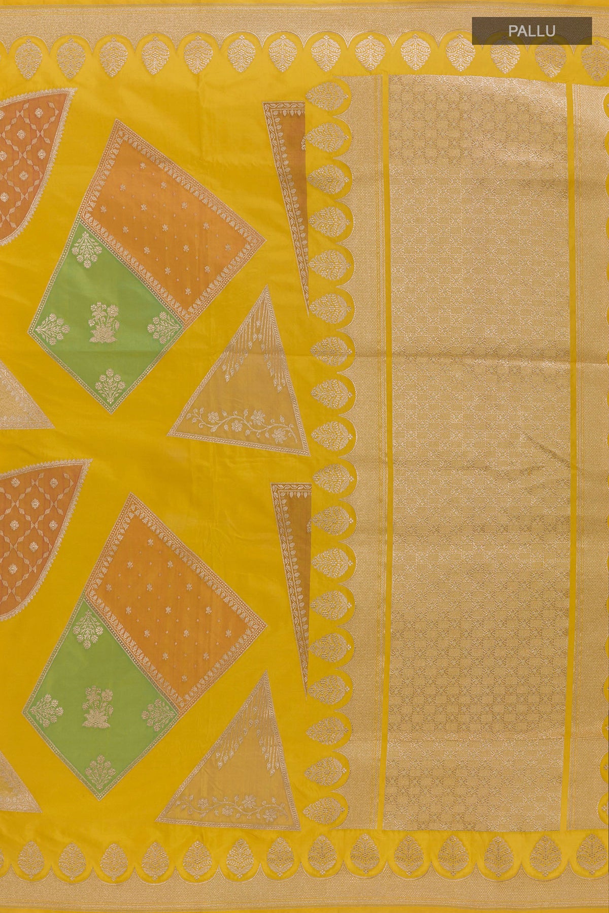 Close up image of the pallu of Pure Silk Mustard Banarasi Saree with Fancy on the body and Zari Border. 