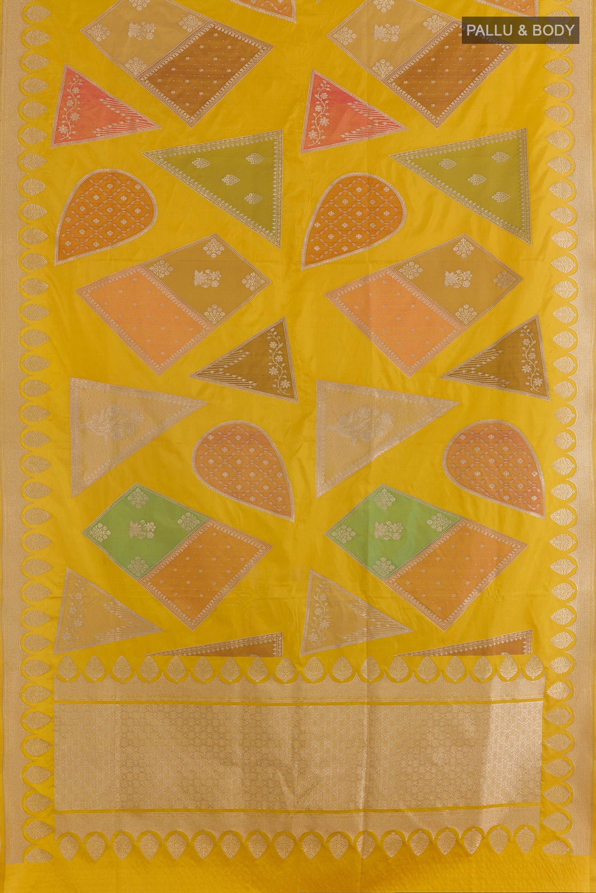 Flat view of Pure Silk Mustard Banarasi Saree with Fancy on the body and Zari Border. 