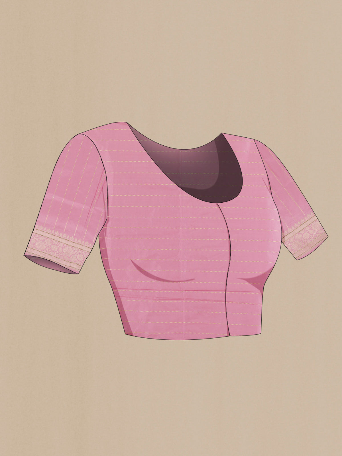 Close up image of the blouse of Pure Silk Pink Banarasi Saree with Zari Brocade on the body and Zari Border. 