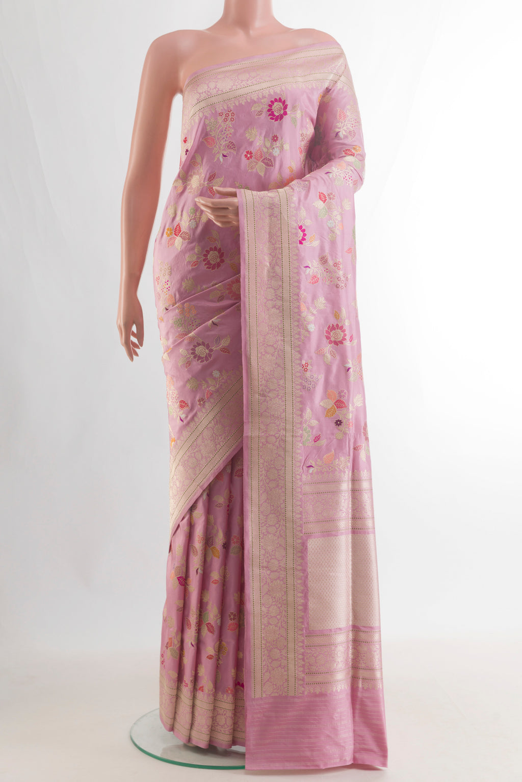 Pure Silk Pink Banarasi Saree with Zari Brocade on the body and Zari Border.  displayed on a mannequin
