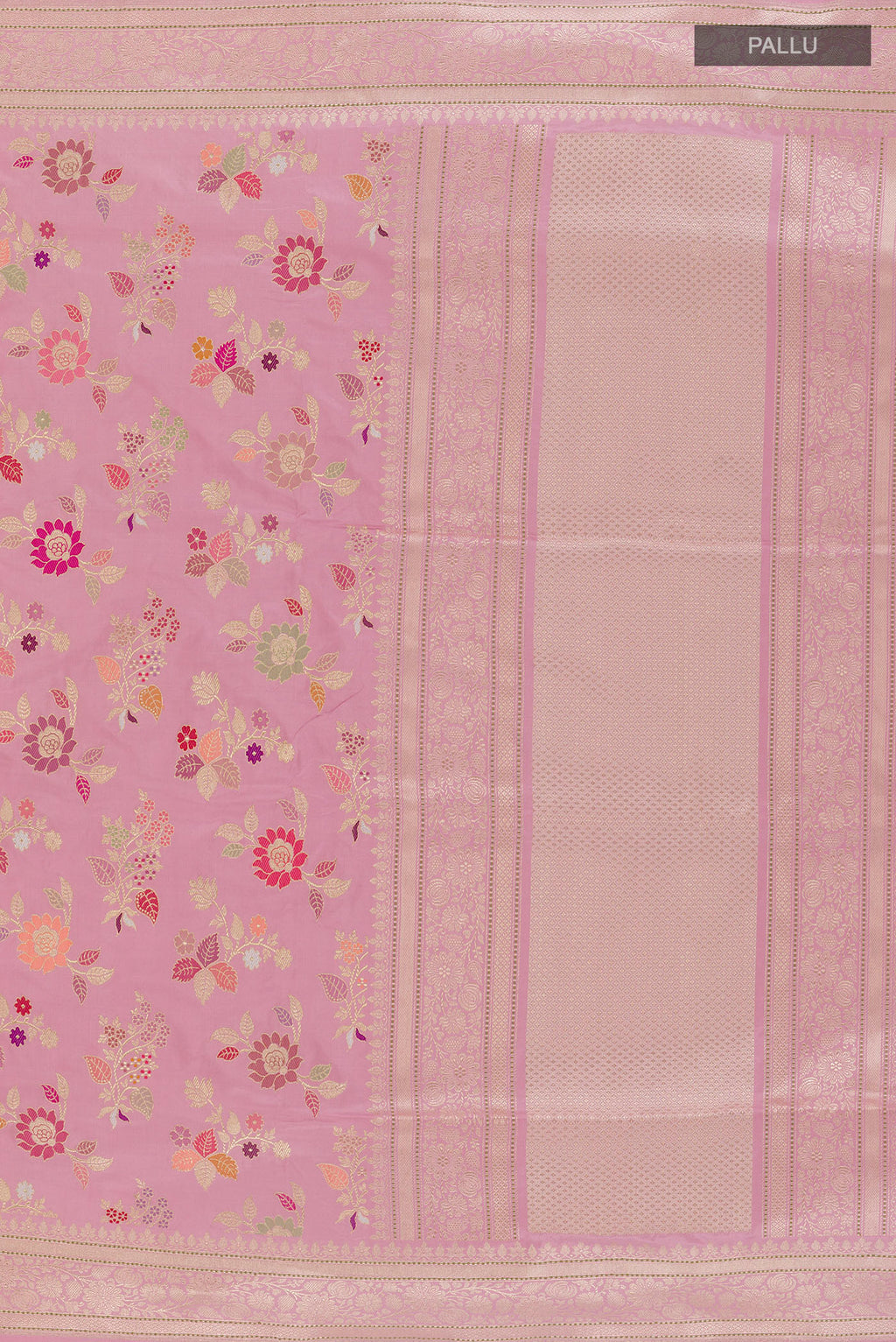 Close up image of the pallu of Pure Silk Pink Banarasi Saree with Zari Brocade on the body and Zari Border. 