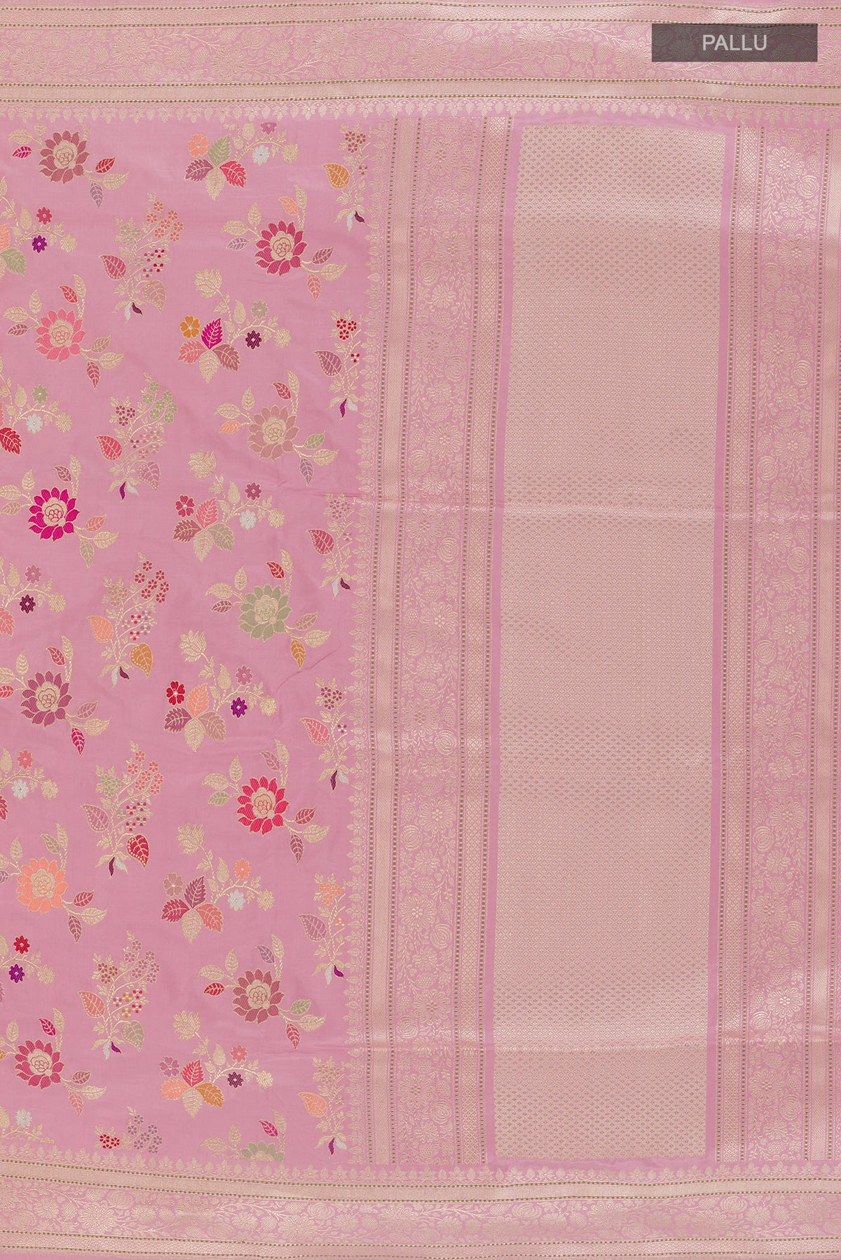 Close up image of the pallu of Pure Silk Pink Banarasi Saree with Zari Brocade on the body and Zari Border. 