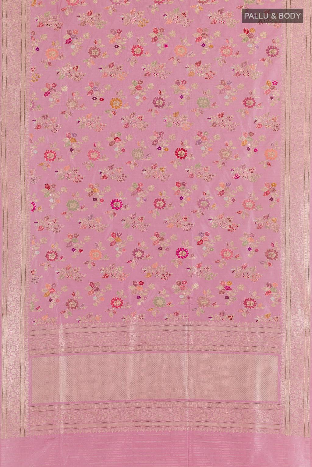 Flat view of Pure Silk Pink Banarasi Saree with Zari Brocade on the body and Zari Border. 