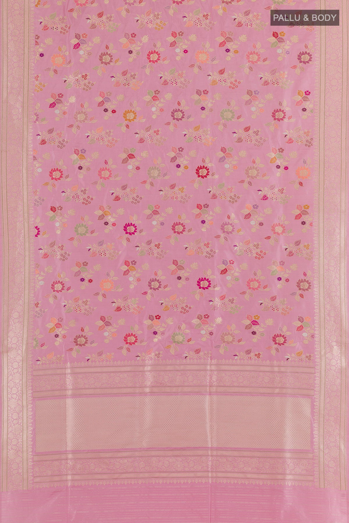 Flat view of Pure Silk Pink Banarasi Saree with Zari Brocade on the body and Zari Border. 
