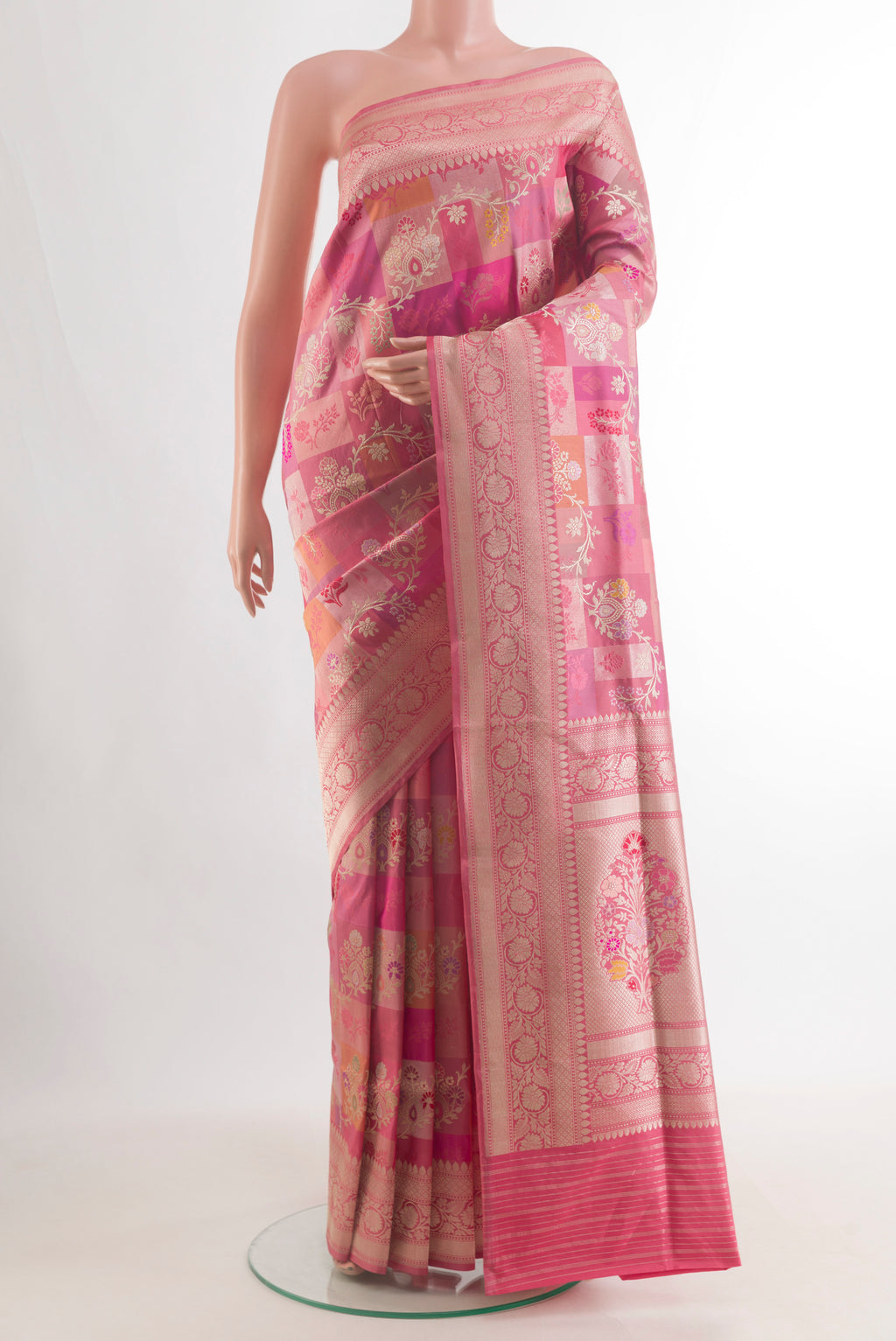 Pure Silk Coral Banarasi Saree with Zari Brocade on the body and Zari Border.  displayed on a mannequin