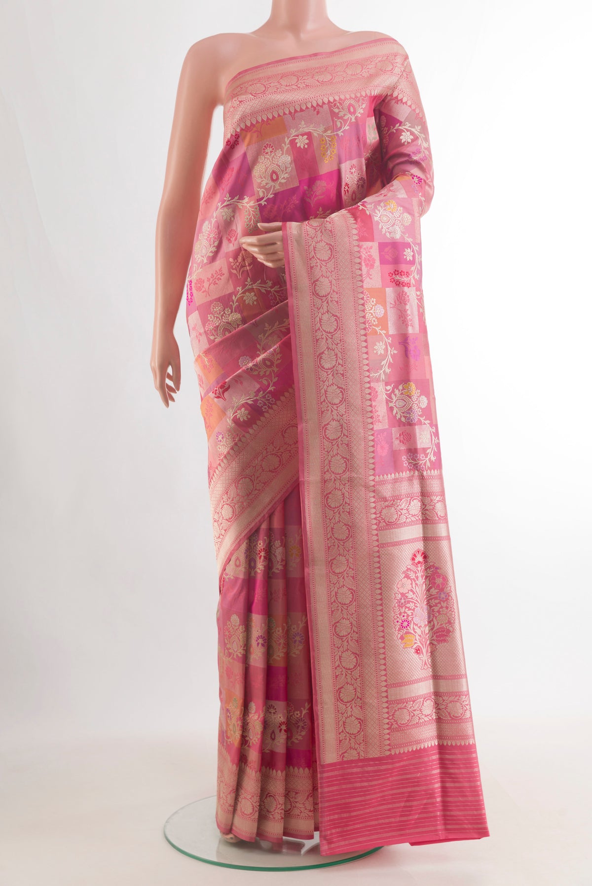 Pure Silk Coral Banarasi Saree with Zari Brocade on the body and Zari Border.  displayed on a mannequin