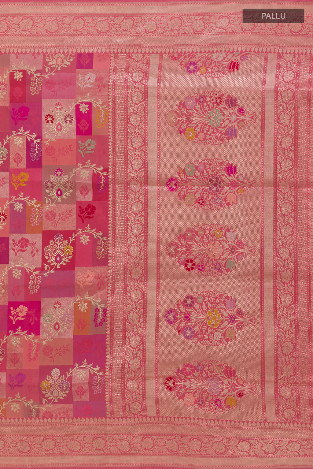Close up image of the pallu of Pure Silk Coral Banarasi Saree with Zari Brocade on the body and Zari Border. 