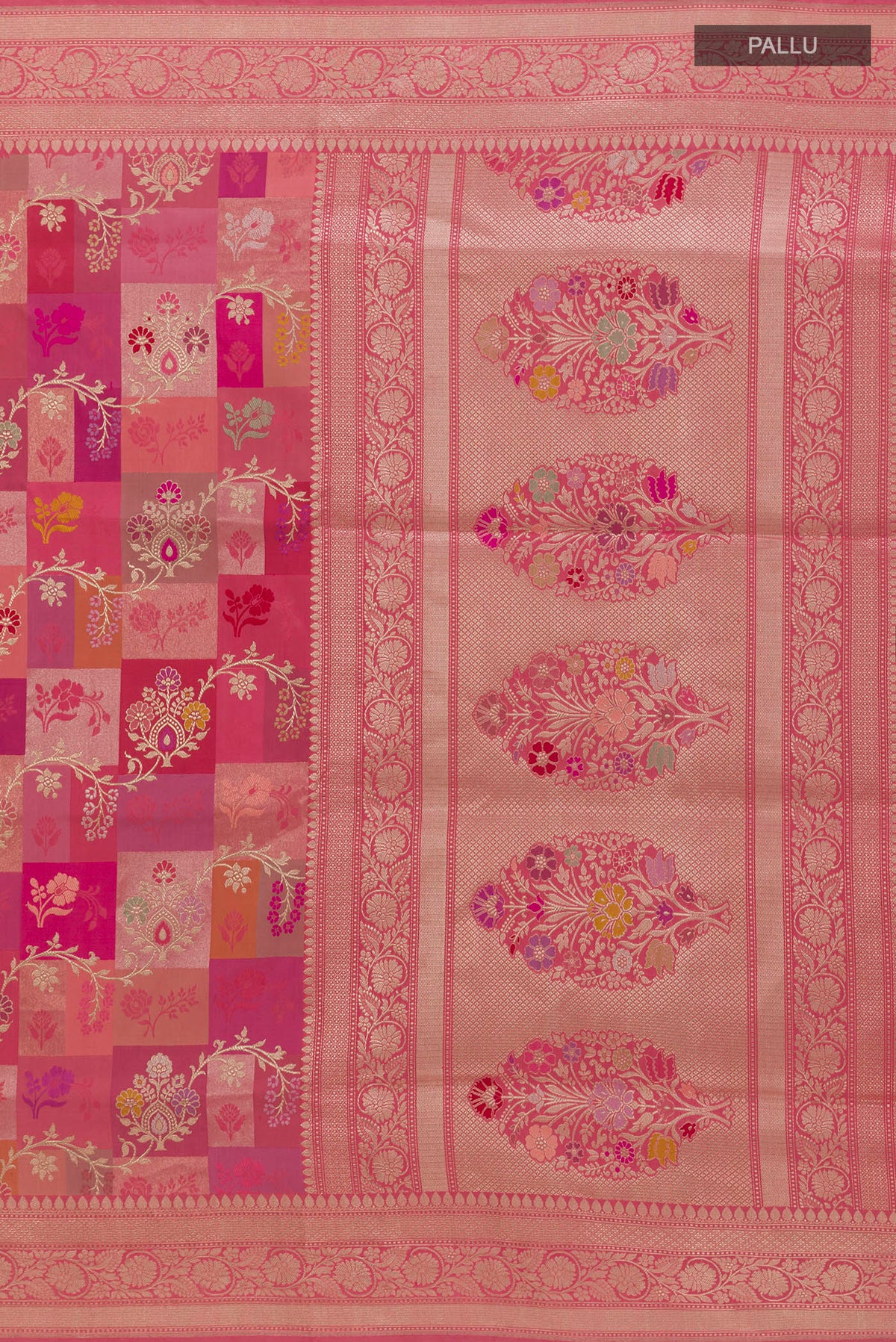 Close up image of the pallu of Pure Silk Coral Banarasi Saree with Zari Brocade on the body and Zari Border. 