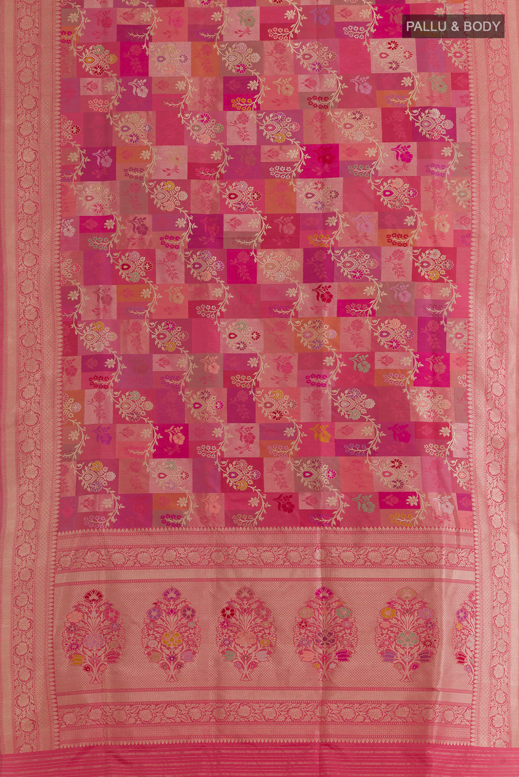 Flat view of Pure Silk Coral Banarasi Saree with Zari Brocade on the body and Zari Border. 