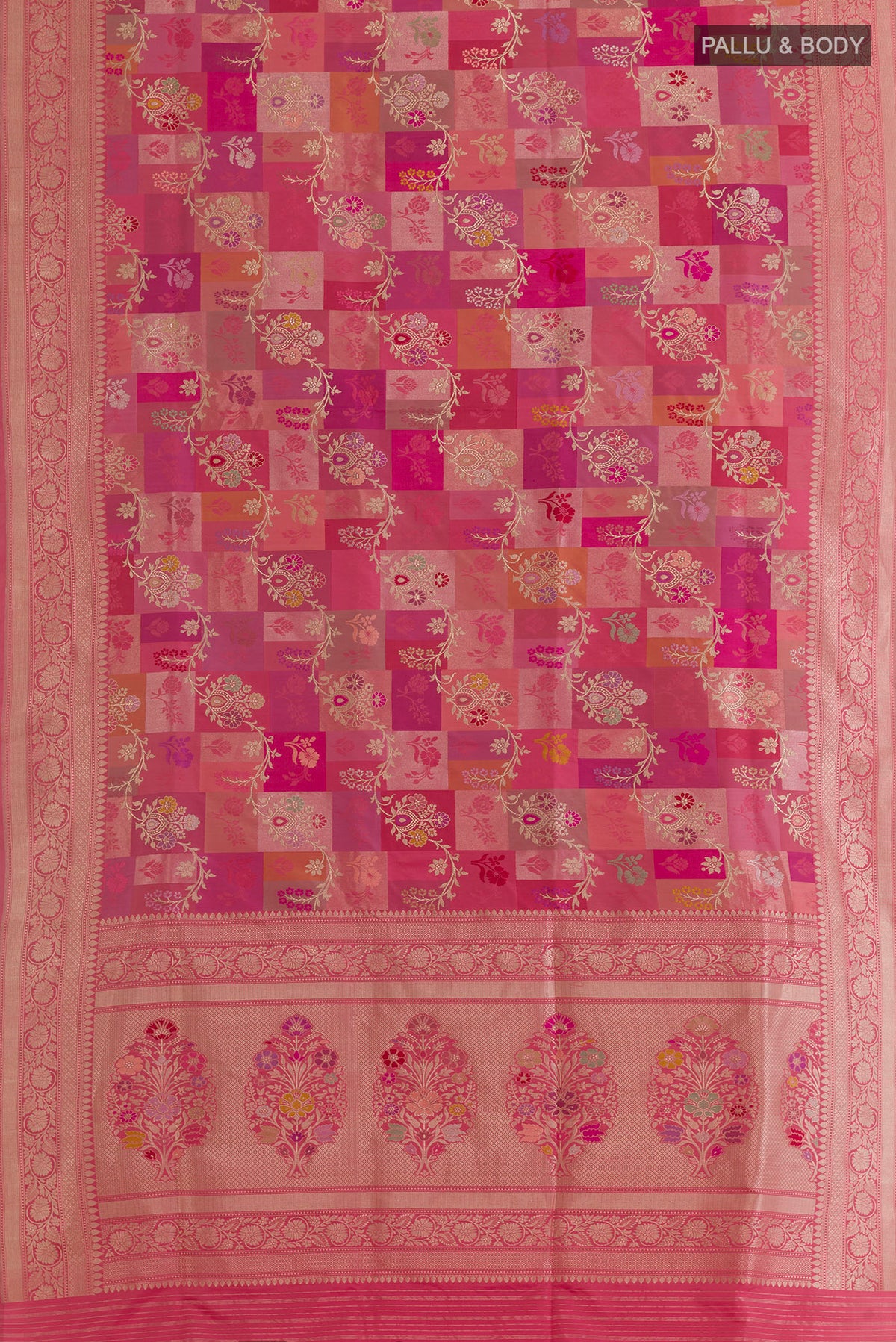 Flat view of Pure Silk Coral Banarasi Saree with Zari Brocade on the body and Zari Border. 