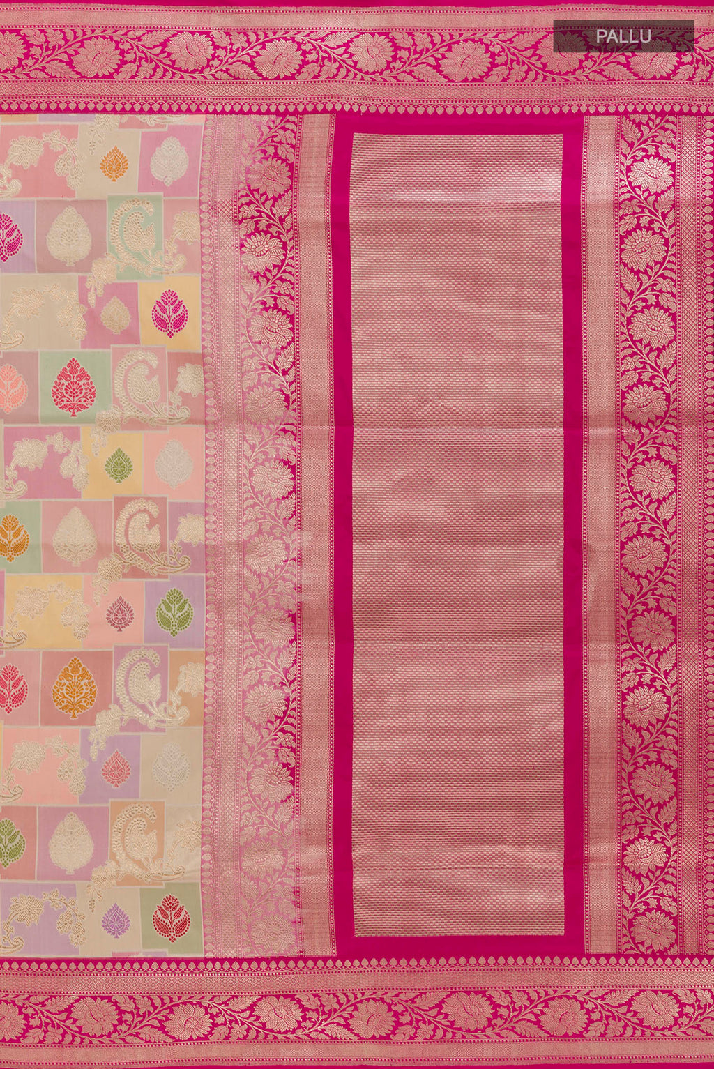 Close up image of the pallu of Pure Silk Multi Color Banarasi Saree with Zari Brocade on the body and Zari Border. 