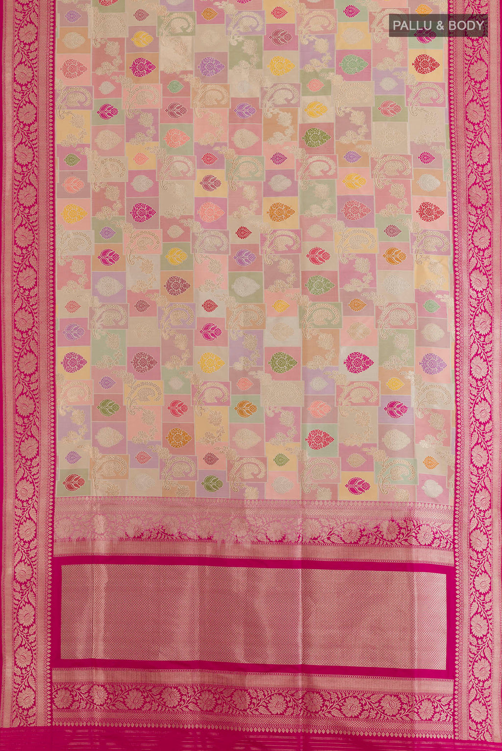 Flat view of Pure Silk Multi Color Banarasi Saree with Zari Brocade on the body and Zari Border. 