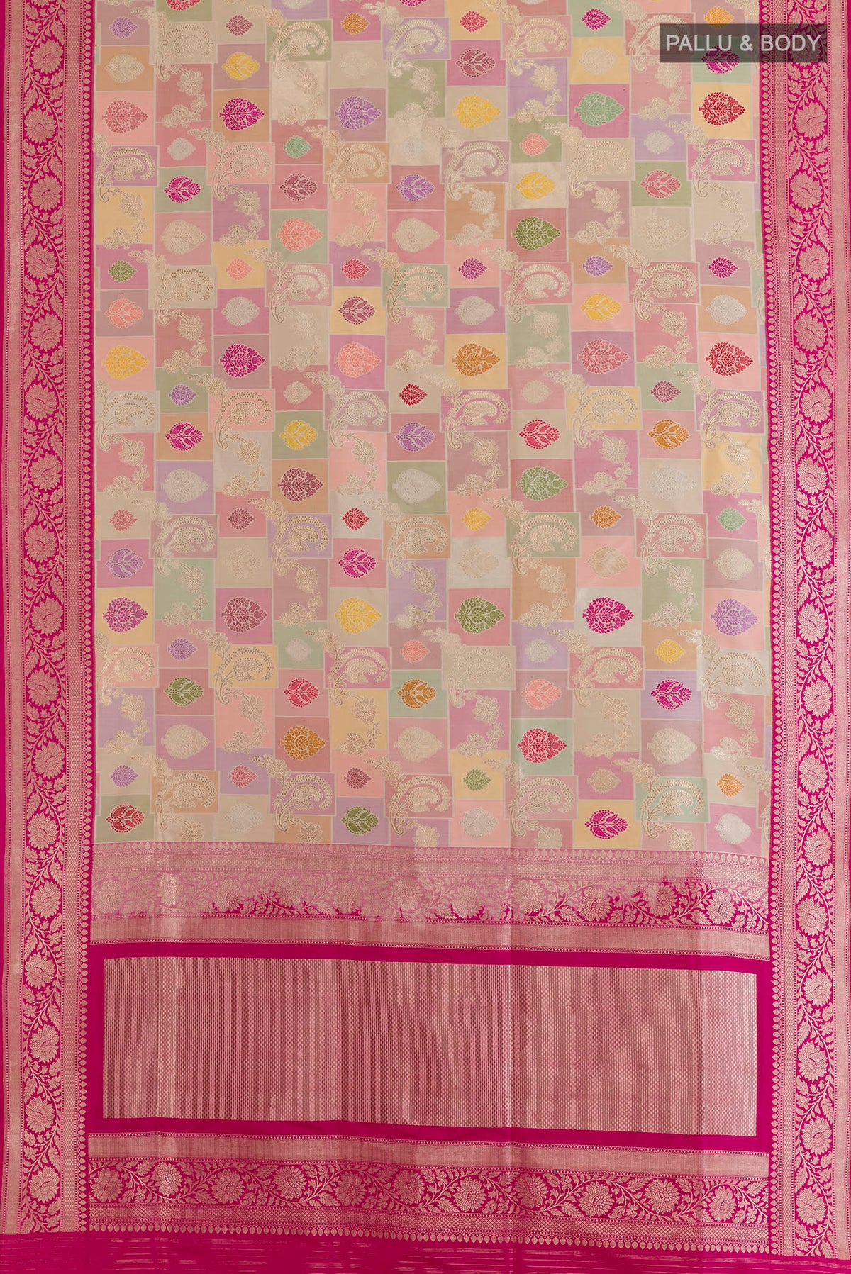 Flat view of Pure Silk Multi Color Banarasi Saree with Zari Brocade on the body and Zari Border. 