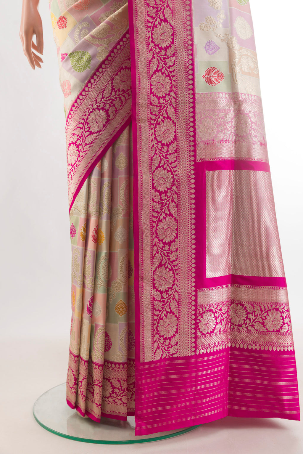 Pleats and pallu of Pure Silk Multi Color Banarasi Saree with Zari Brocade on the body and Zari Border. 