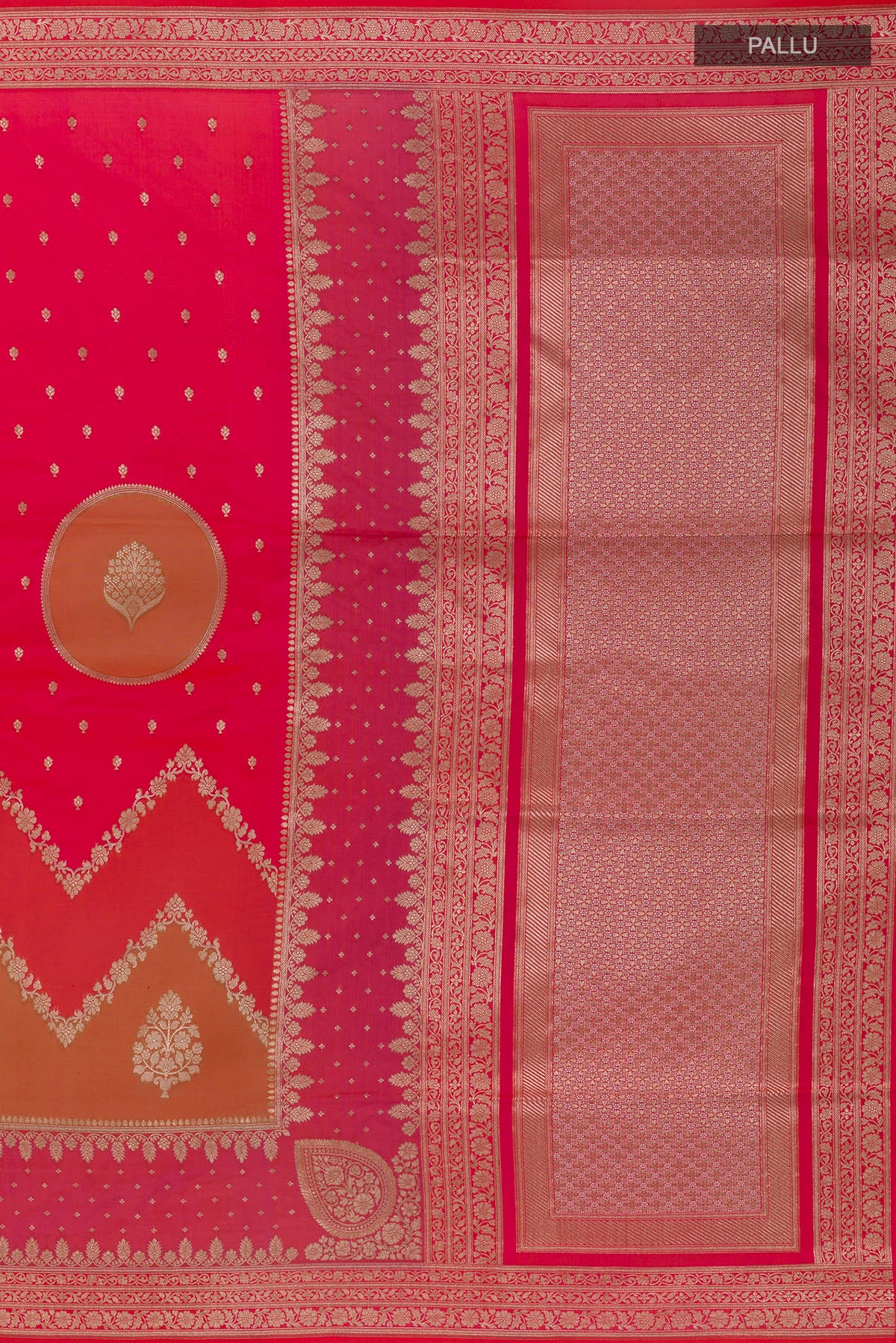Close up image of the pallu of Pure Silk Pink Banarasi Saree with Zari Butta on the body and Zari Border. 
