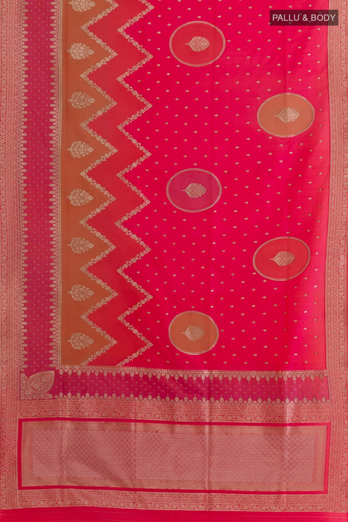 Flat view of Pure Silk Pink Banarasi Saree with Zari Butta on the body and Zari Border. 