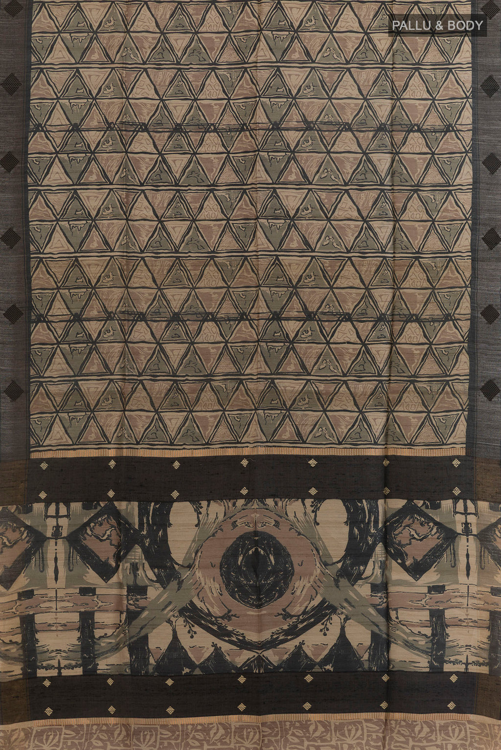 Flat view of Beige Tussar Saree with Printed design on the body and Zari Border. 