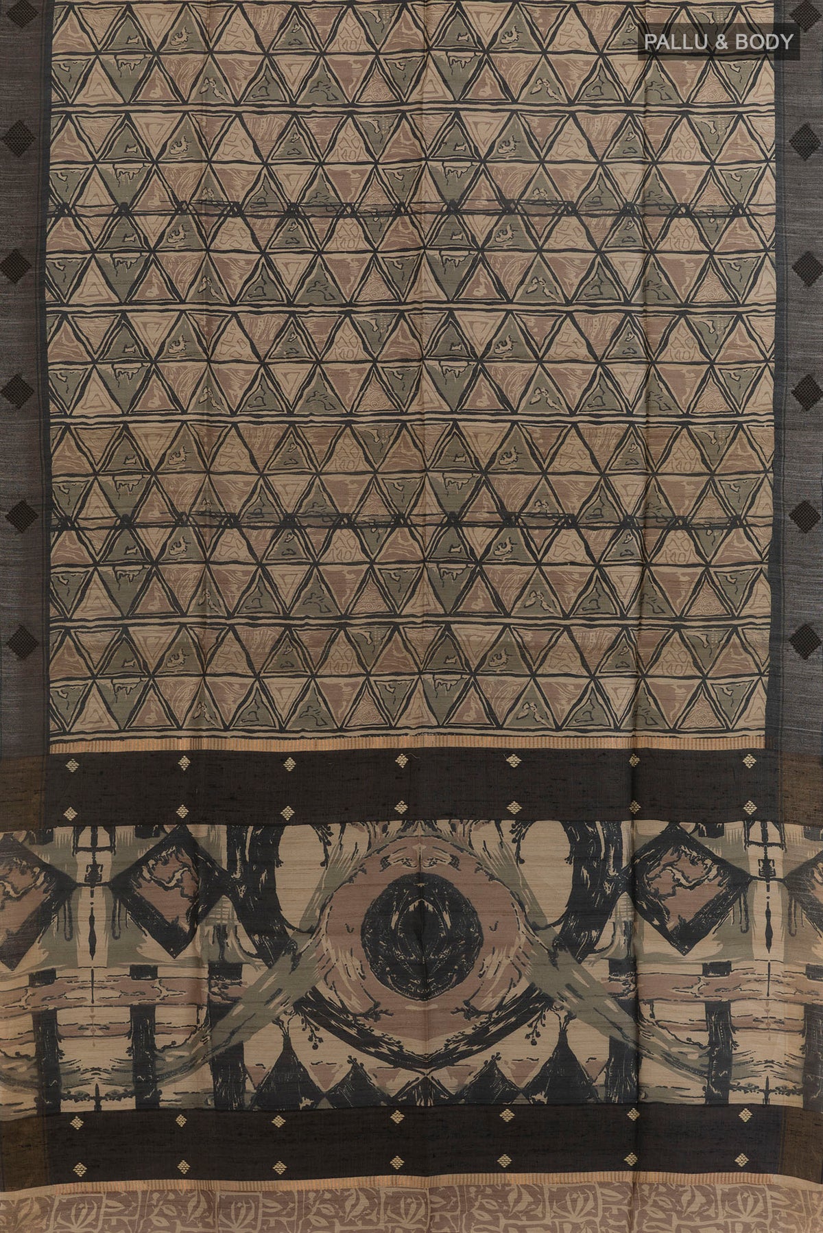 Flat view of Beige Tussar Saree with Printed design on the body and Zari Border. 