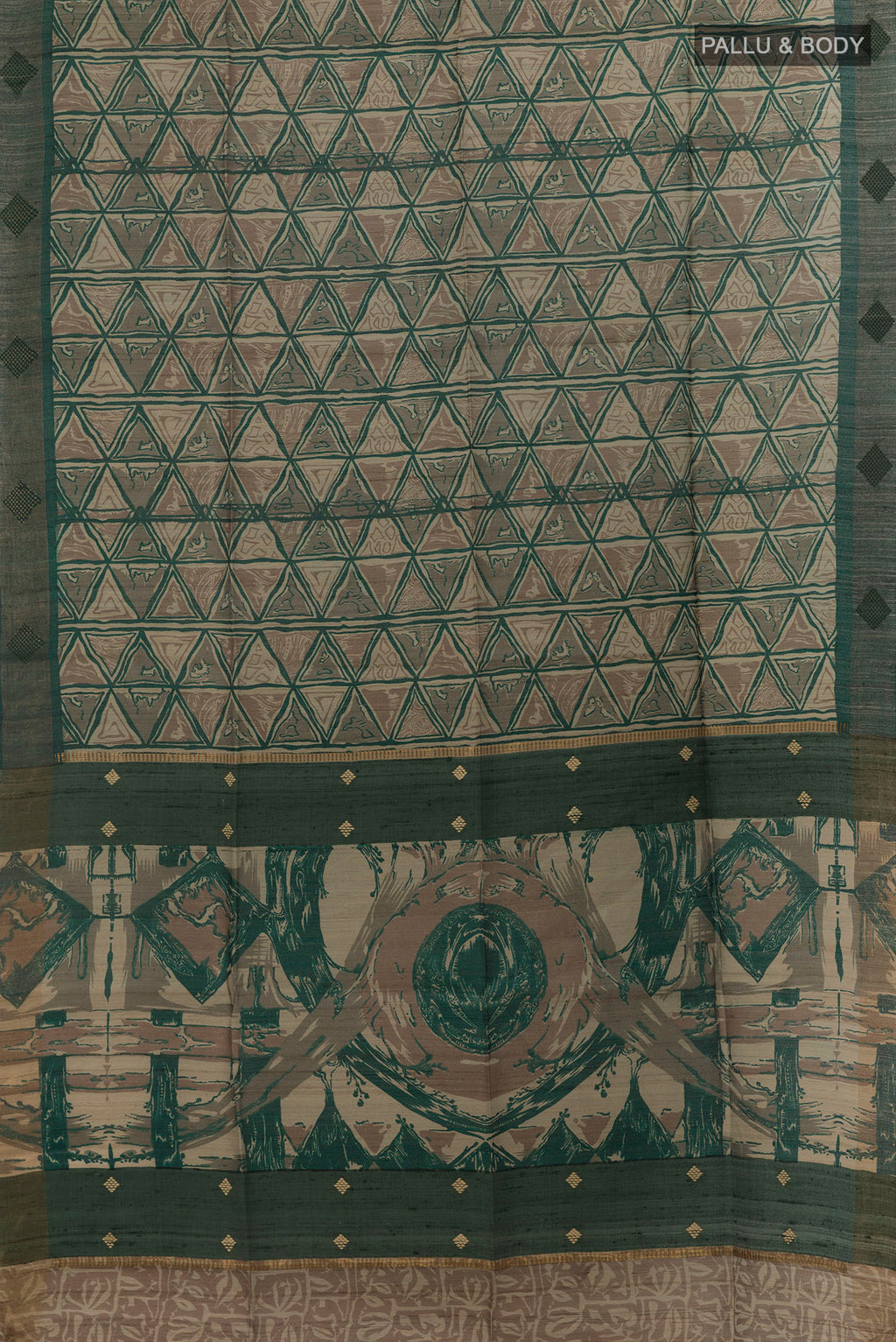 Flat view of Green Tussar Saree with Printed design on the body and Zari Border. 