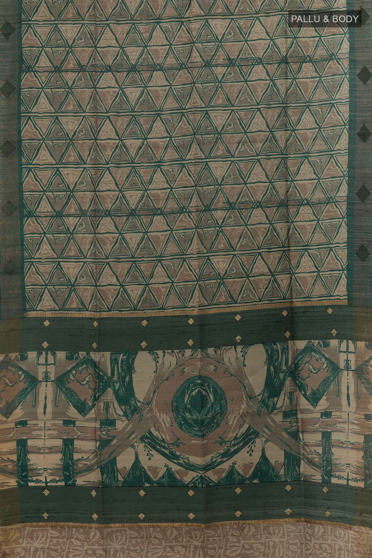 Flat view of Green Tussar Saree with Printed design on the body and Zari Border. 