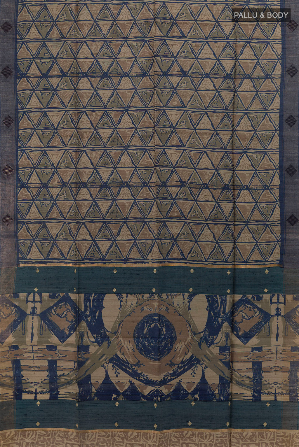 Flat view of Beige Tussar Saree with Printed design on the body and Zari Border. 