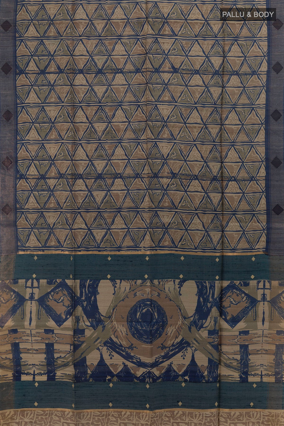 Flat view of Beige Tussar Saree with Printed design on the body and Zari Border. 