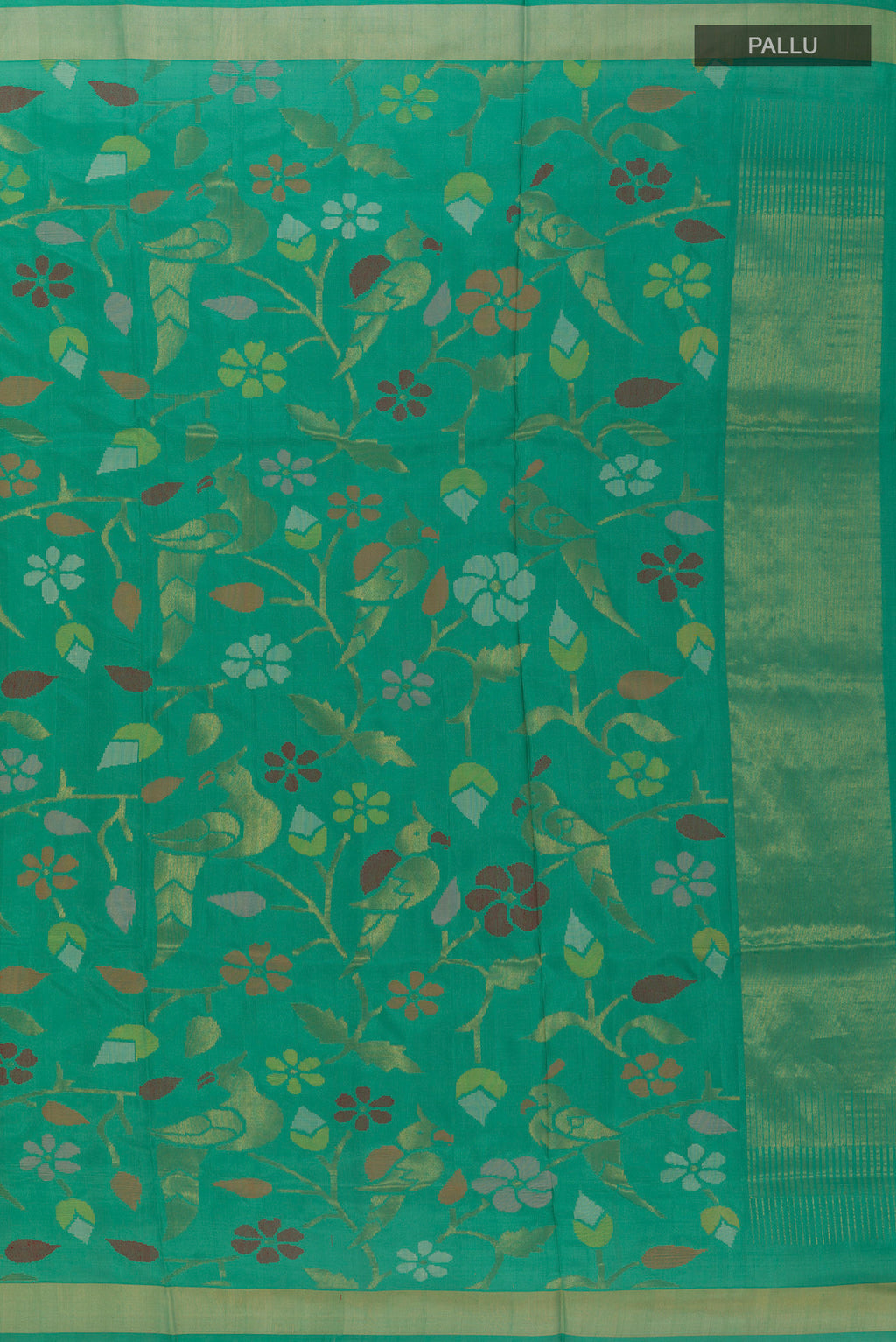 Close up image of the pallu of Pure Silk Green Uppada Saree with Zari Brocade on the body and Zari Border. 