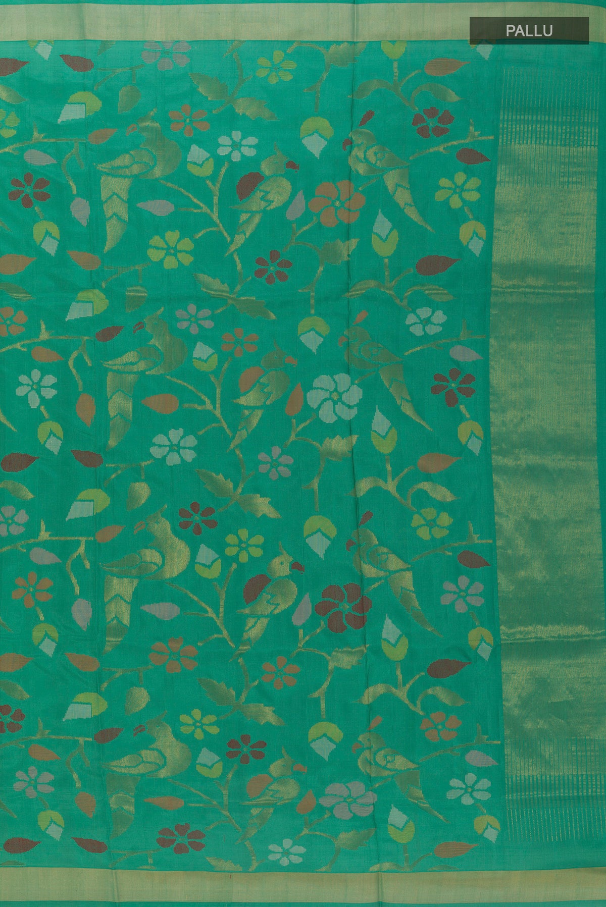 Close up image of the pallu of Pure Silk Green Uppada Saree with Zari Brocade on the body and Zari Border. 