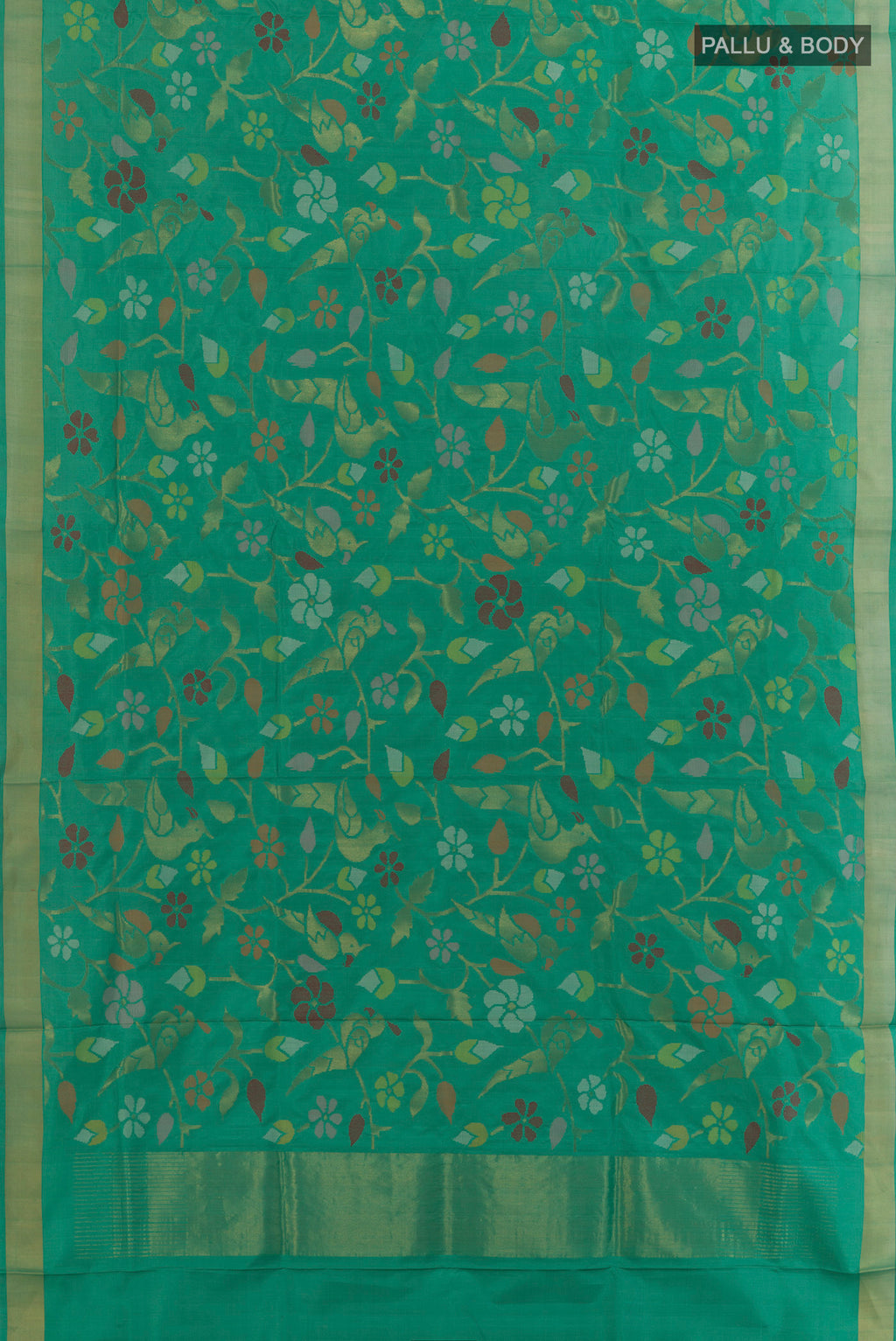 Flat view of Pure Silk Green Uppada Saree with Zari Brocade on the body and Zari Border. 