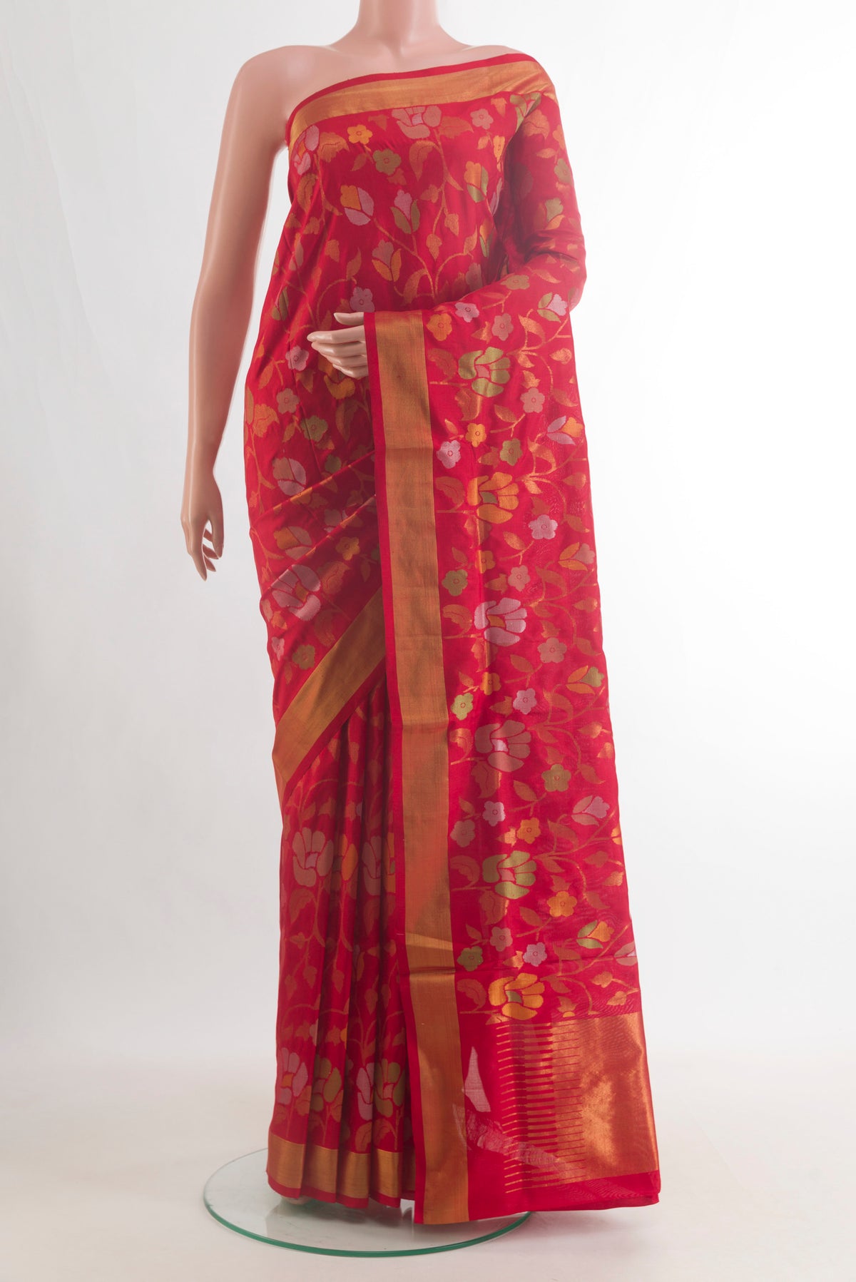 Pure Silk Red Uppada Saree with Zari Brocade on the body and Zari Border.  displayed on a mannequin