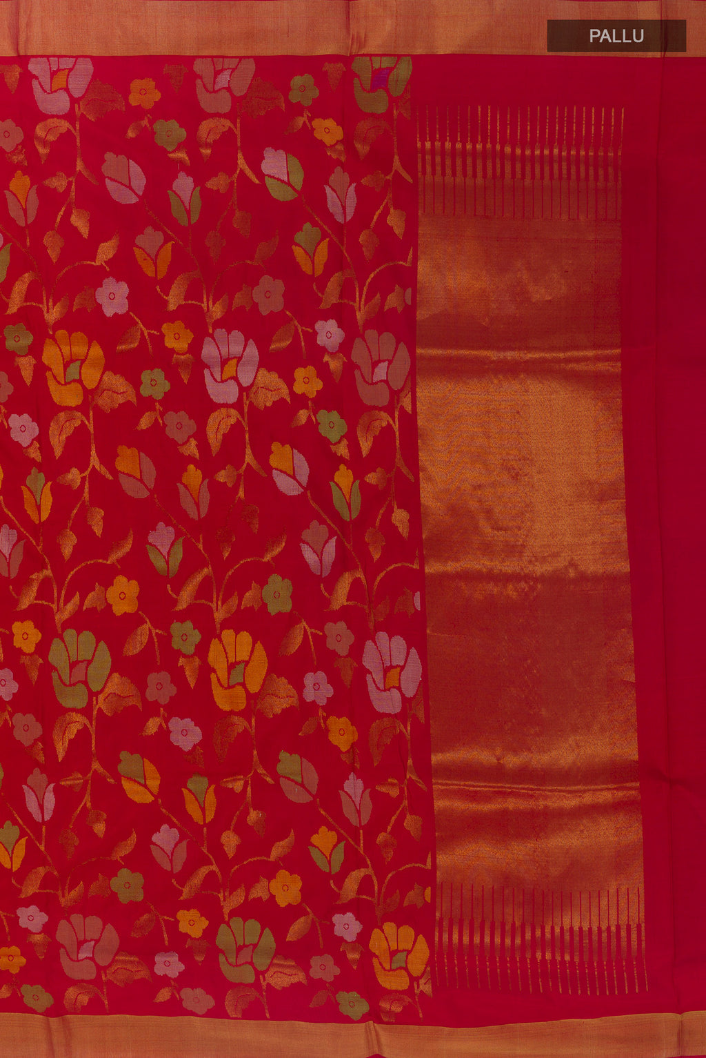 Close up image of the pallu of Pure Silk Red Uppada Saree with Zari Brocade on the body and Zari Border. 