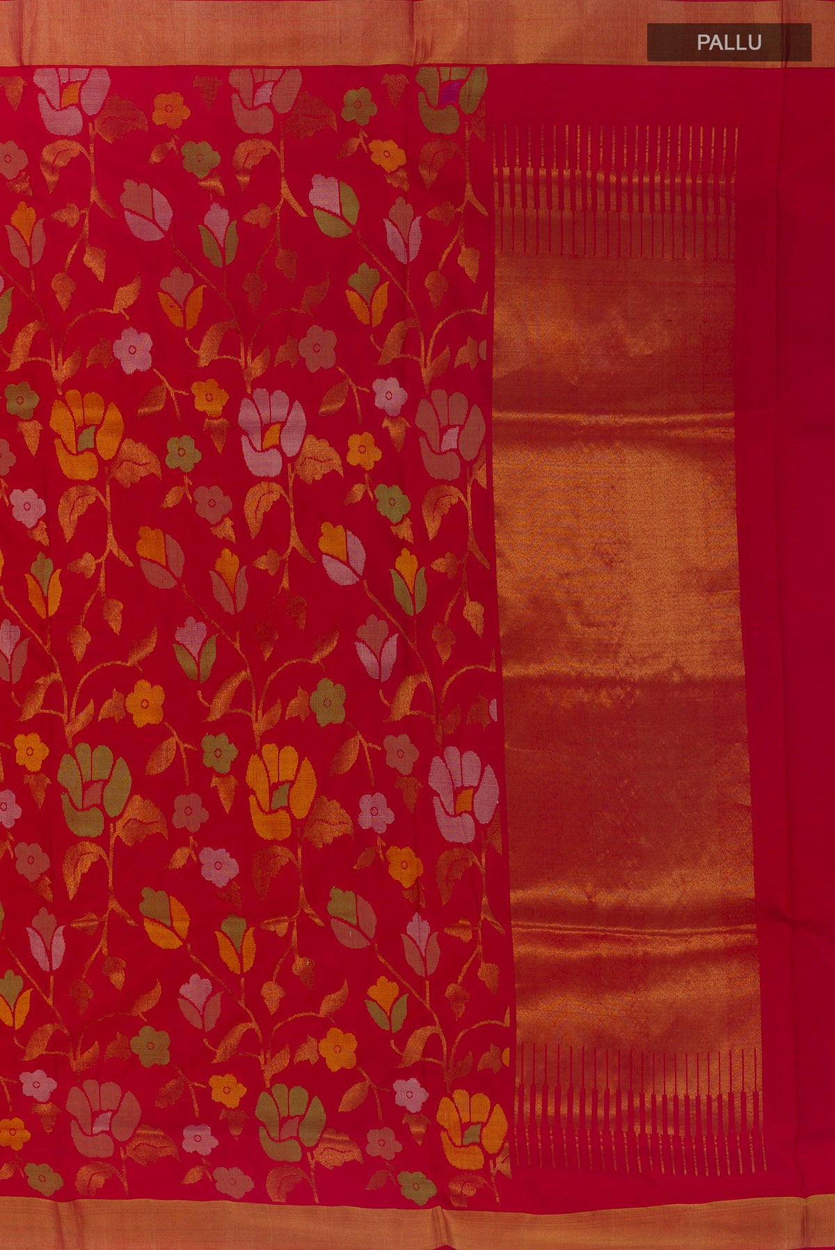 Close up image of the pallu of Pure Silk Red Uppada Saree with Zari Brocade on the body and Zari Border. 