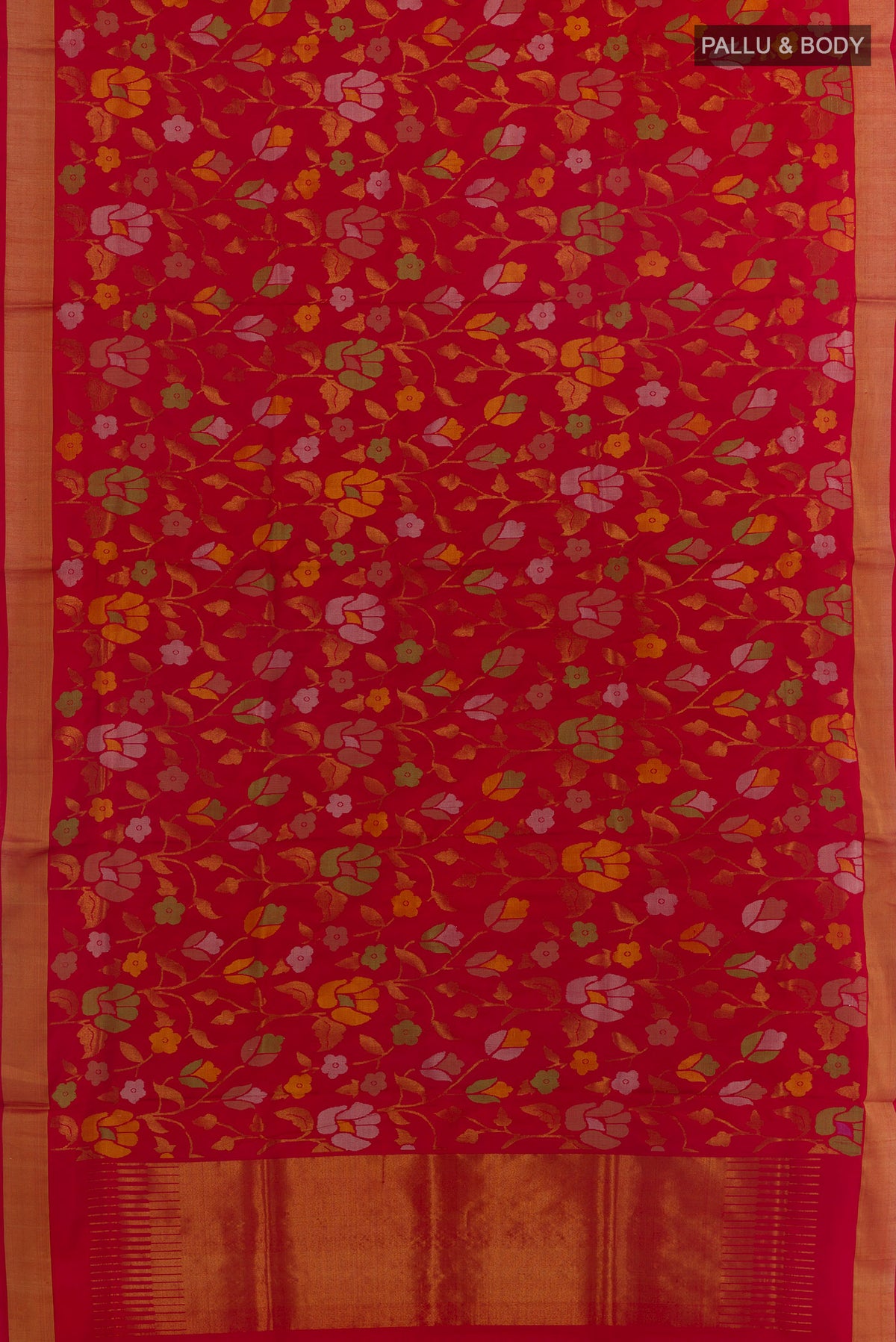 Flat view of Pure Silk Red Uppada Saree with Zari Brocade on the body and Zari Border. 