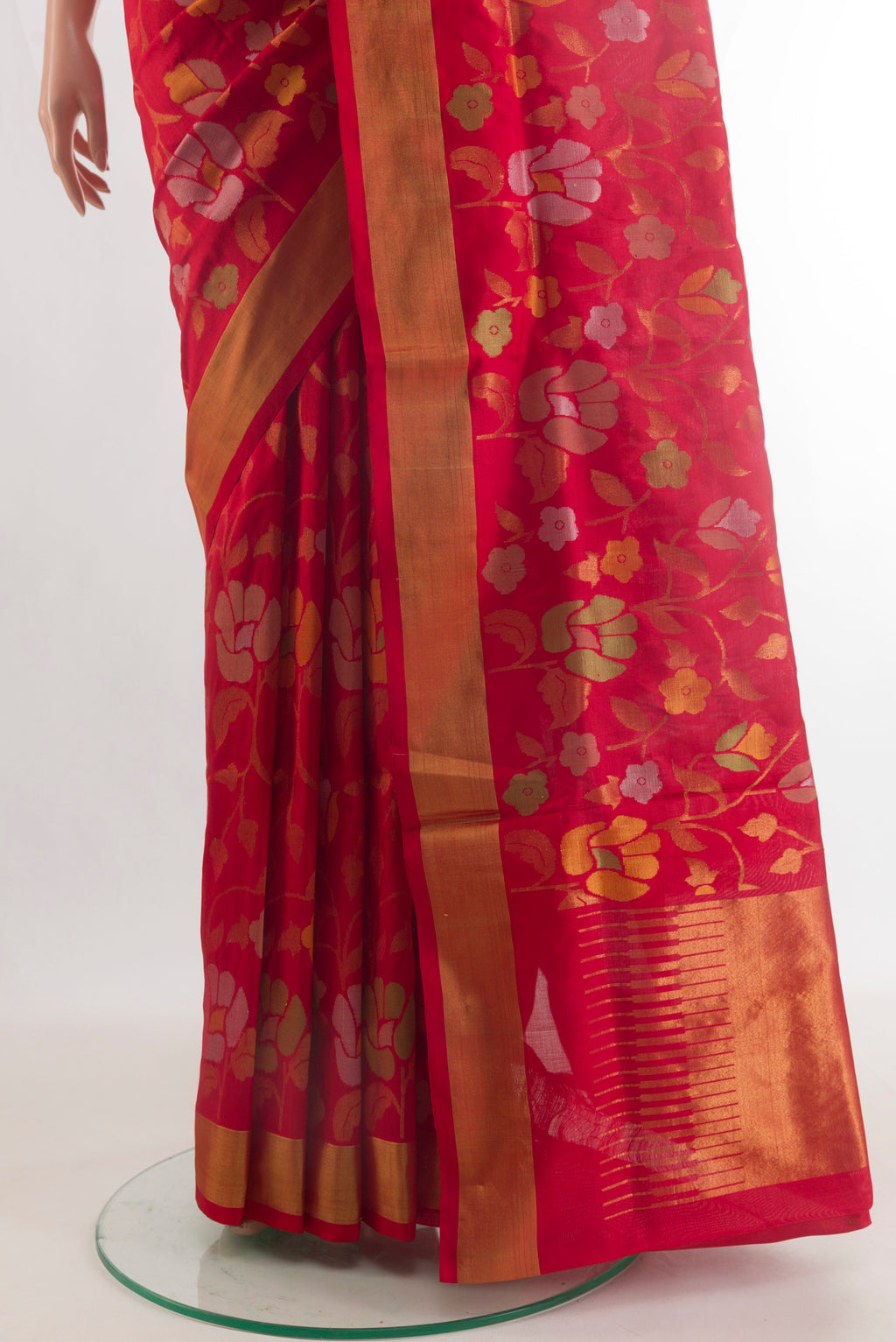 Pleats and pallu of Pure Silk Red Uppada Saree with Zari Brocade on the body and Zari Border. 