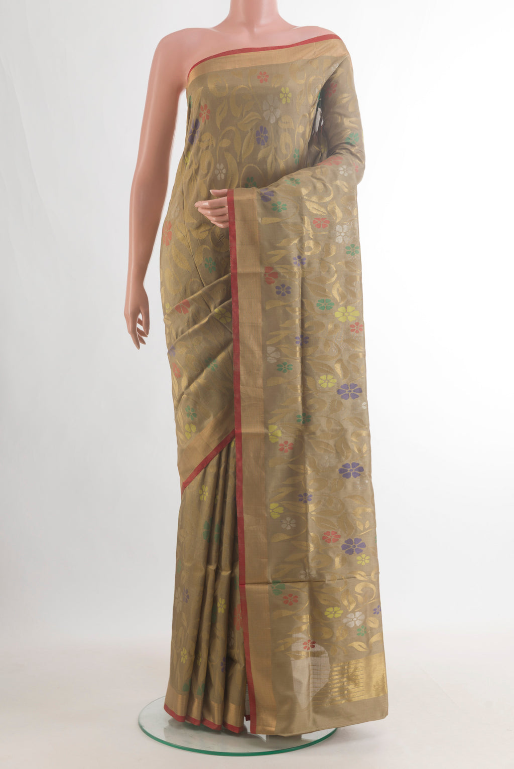 Pure Silk Beige Uppada Saree with Zari Brocade on the body and Zari Border.  displayed on a mannequin