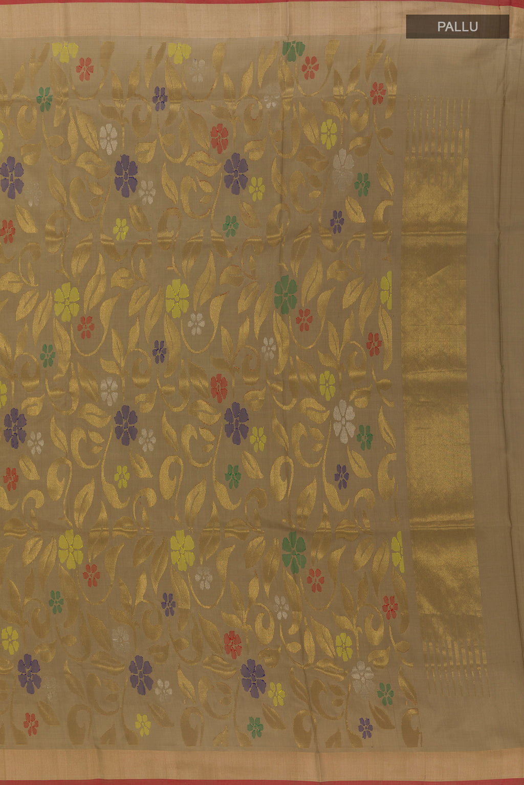 Close up image of the pallu of Pure Silk Beige Uppada Saree with Zari Brocade on the body and Zari Border. 