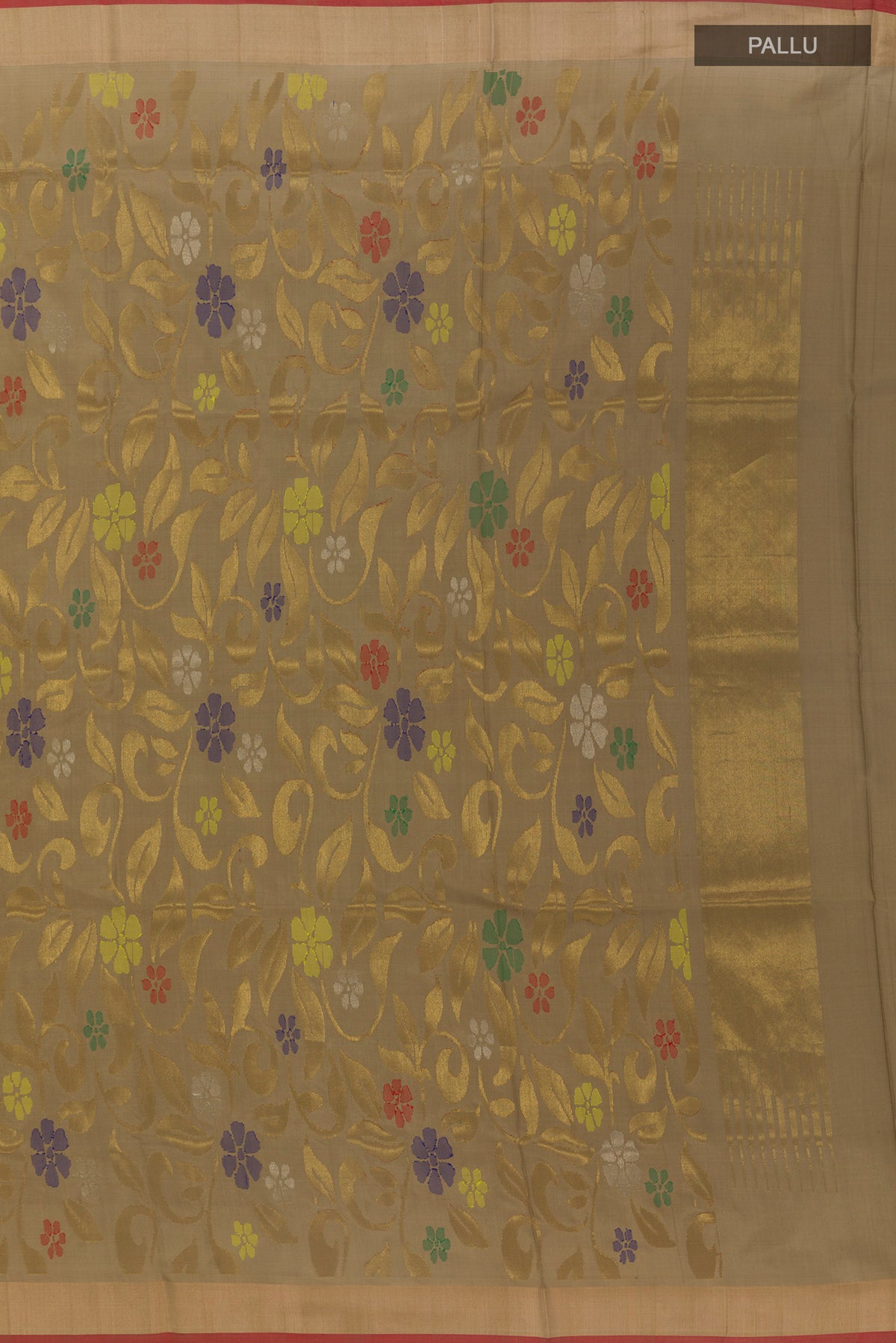 Close up image of the pallu of Pure Silk Beige Uppada Saree with Zari Brocade on the body and Zari Border. 