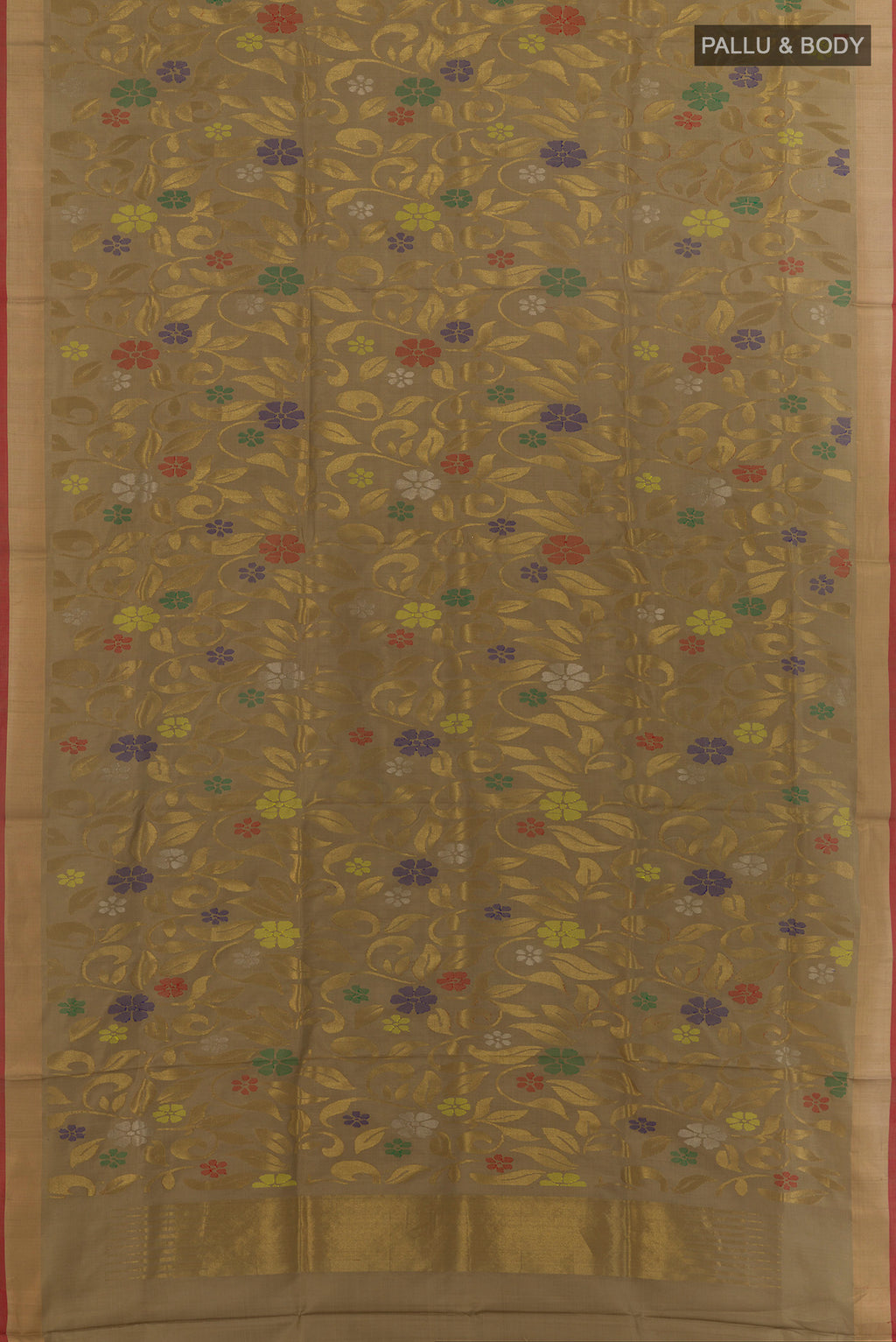 Flat view of Pure Silk Beige Uppada Saree with Zari Brocade on the body and Zari Border. 