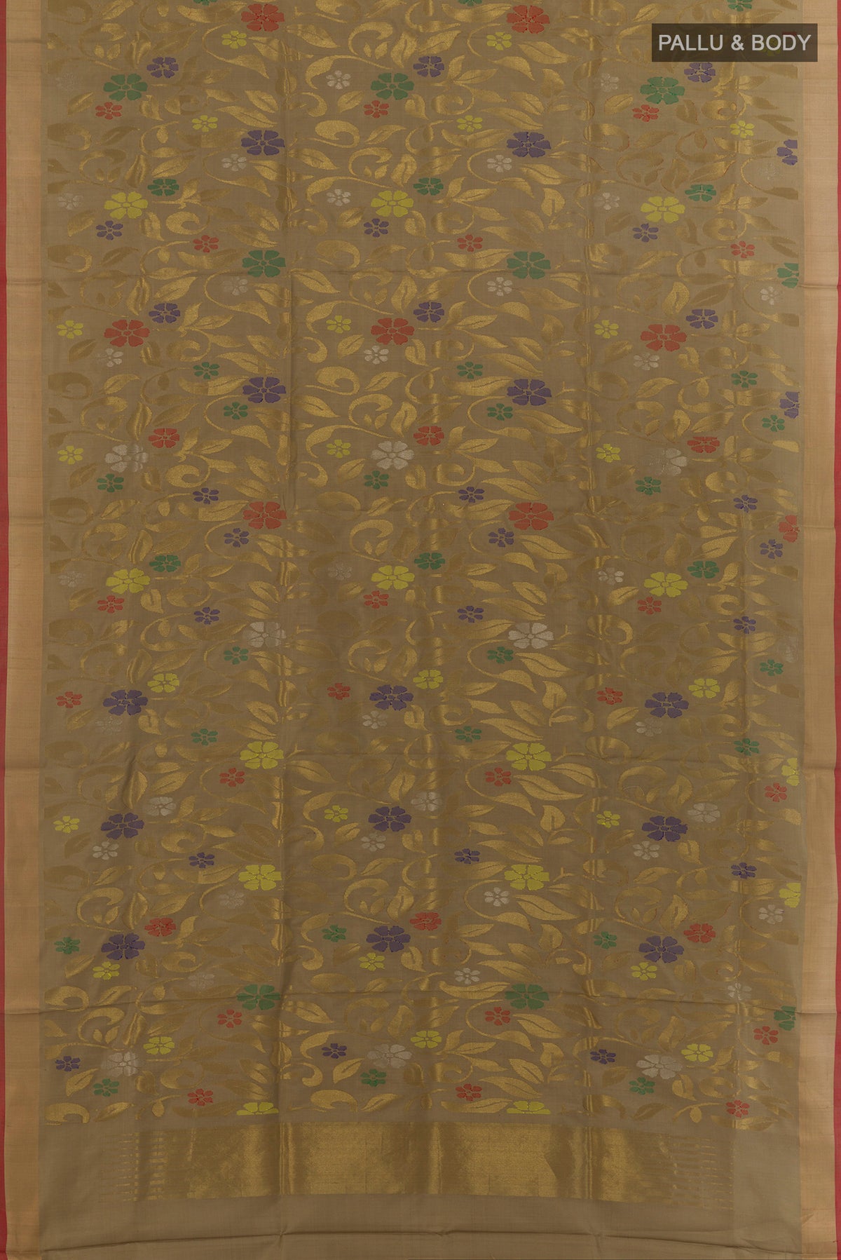 Flat view of Pure Silk Beige Uppada Saree with Zari Brocade on the body and Zari Border. 
