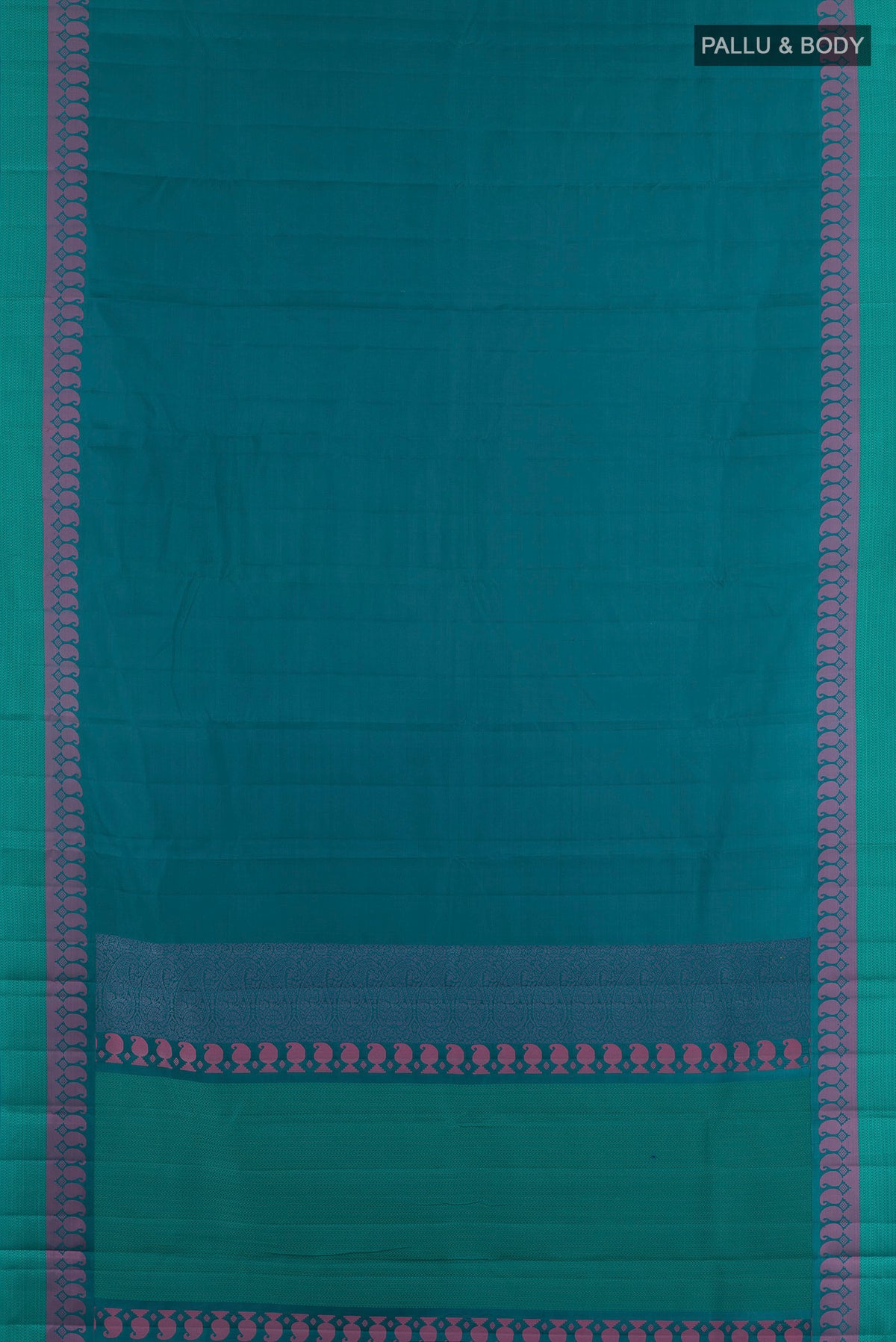 Flat view of Pure Silk Peacock Blue Kanchipuram Saree with Plain Body and Thread Border. 