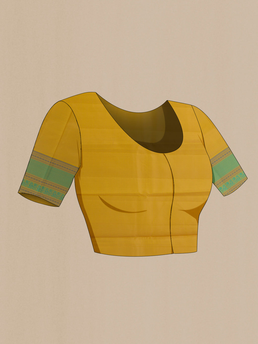 Close up image of the blouse of Pure Silk Peach Kanchipuram Saree with Thread Butta on the body and Thread Border. 