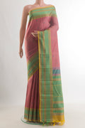 Pure Silk Peach Kanchipuram Saree with Thread Butta on the body and Thread Border.  displayed on a mannequin